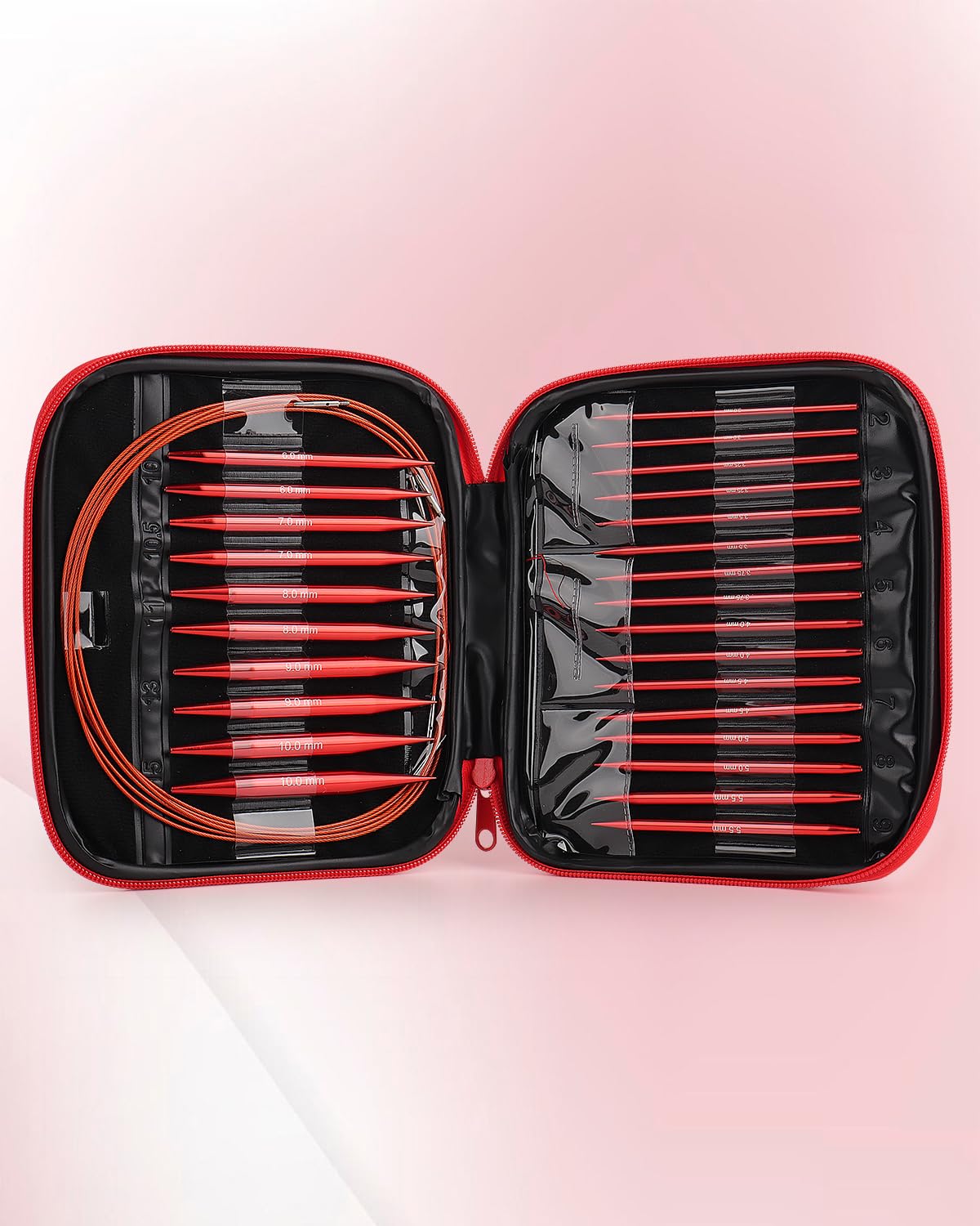 Interchangeable Knitting Needle Set with Circular Cable for Crafters, 13 Circular Knitting Needles with 4 Cable, 3-10 mm Aluminum Knitting Needles for Beginner, DIY Crafts, Red Needle Set Aeelike