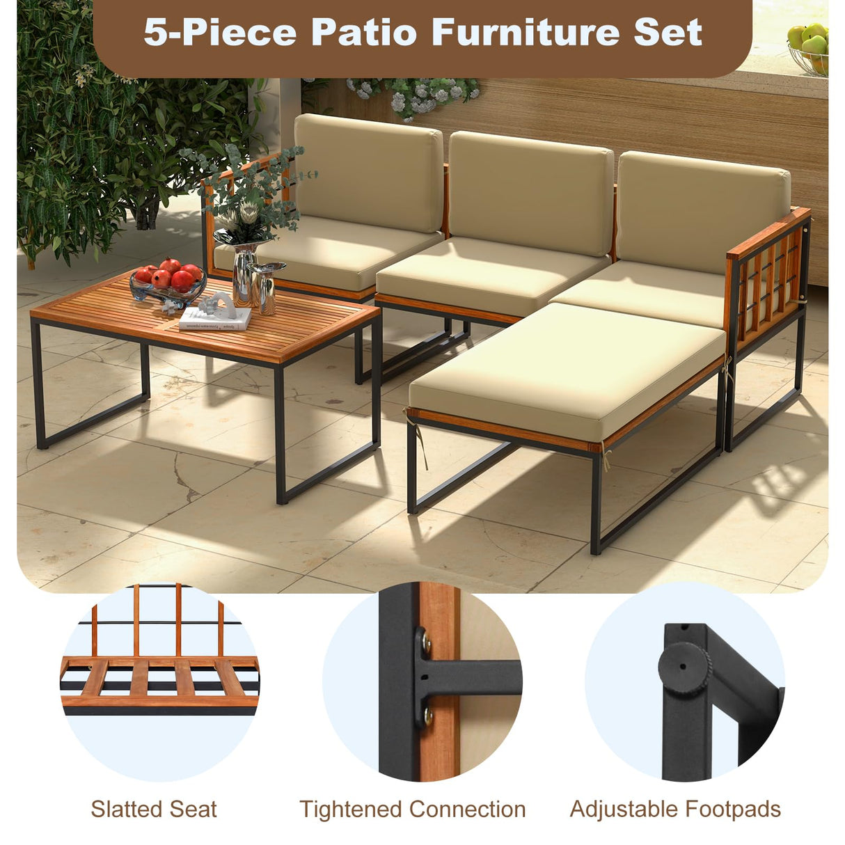 Tangkula 5 Piece Patio Furniture Set, Acacia Wood Sectional Set with Heavy-Duty Metal Frame, Comfy Seat & Back Cushions, Outdoor Wood Conversation Chair Set for Poolside, Porch, Backyard (Beige) Tangkula