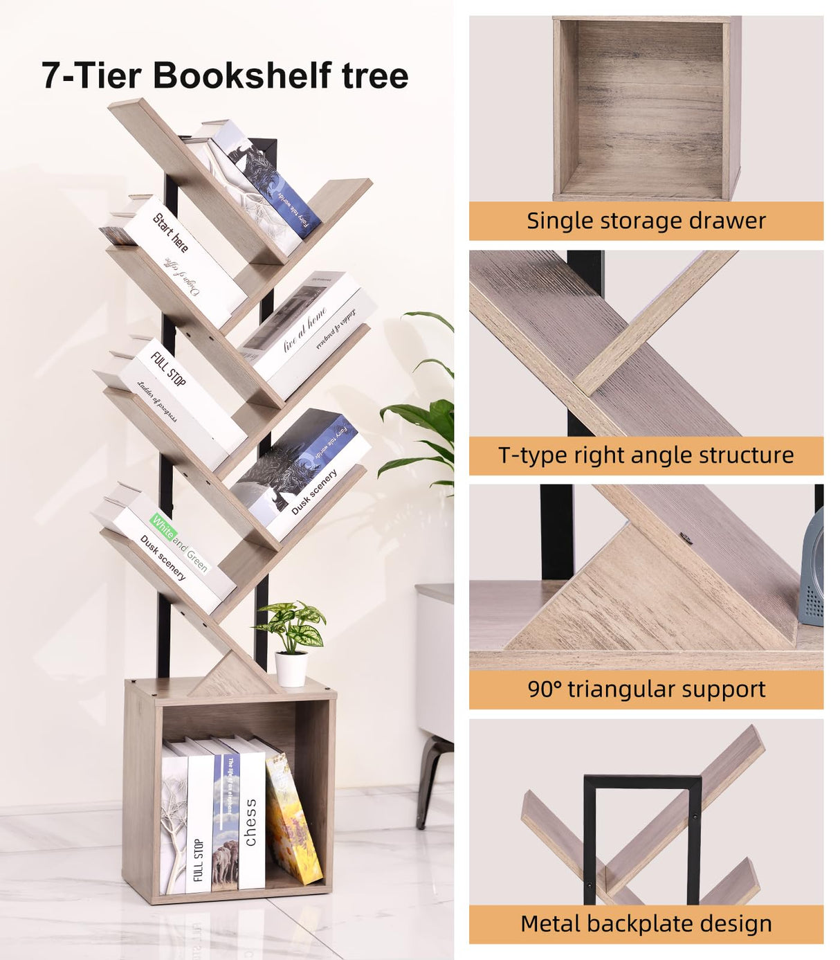 YSVCO Tree Bookshelf Bookcase with Storage Cabinet, 7-Tier Modern Corner Bookshelves, Narrow Wood Book Rack, Mini Floor Standing Book Organizer for Kid Room, Bedroom, Living Room, Home Office, CD/DVD YSVCO