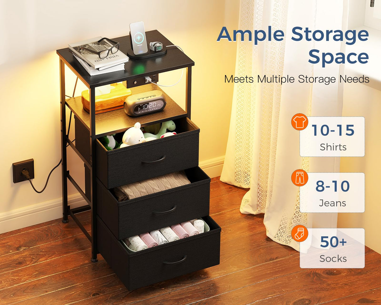 Casaottima BlackNight Stand with Light Strip andCharging Station — USB Ports & Power Outlets, Small Nightstand with 3 Fabric Drawers and Open Shelf, Bedside Table for Bedroom Casaottima