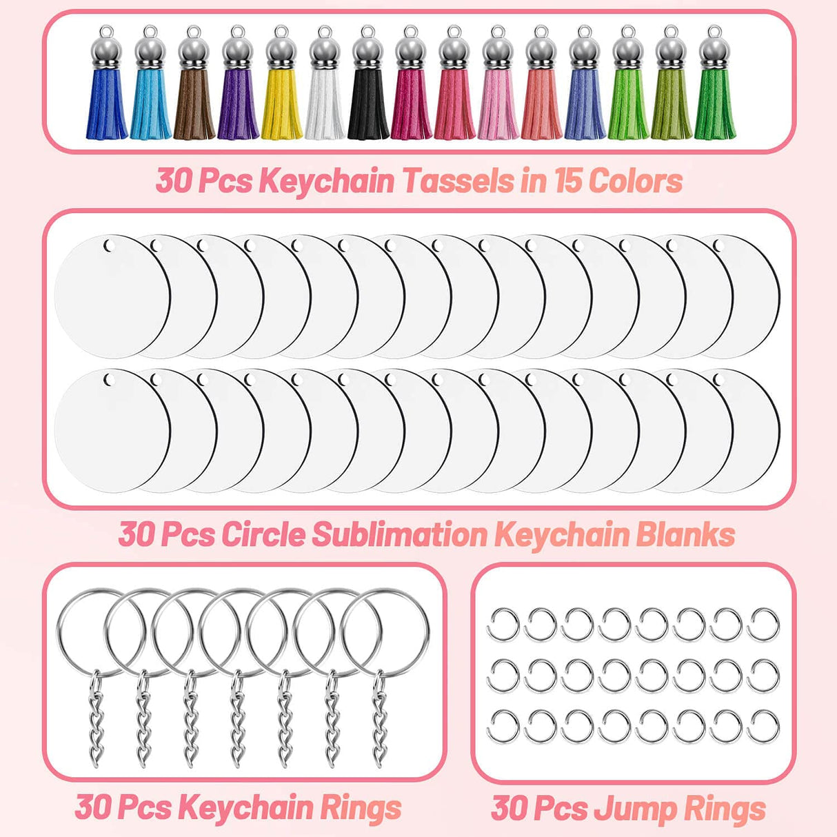 Modacraft Sublimation Keychain Blanks Bulk, 120Pcs Sublimation Keychain Blanks Set with 2 Inch Round Sublimation Blanks, Tassels, Keychain Rings, Jump Rings for DIY Crafting Sublimation Blanks Modacraft