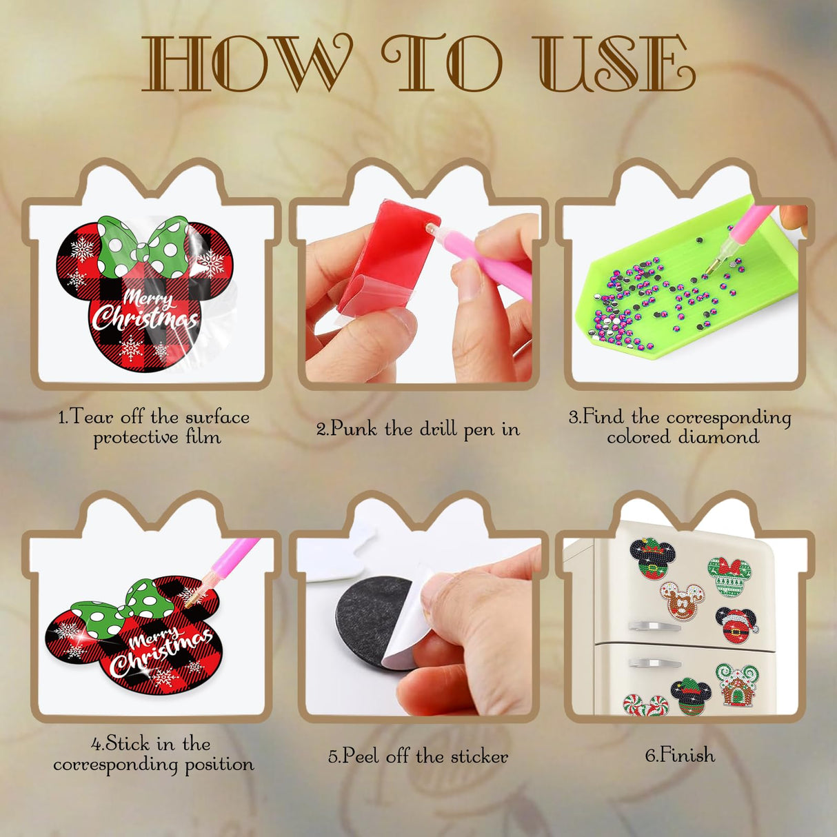 RiVolTa Christmas Diamond Art Kits - 16 Pcs Mouse Head Painting Magnets Refrigerator Cute Snowman Santa Claus Magnetic Stickers Dotz Ornaments for Adults Kids DIY Crafts Xmas Fridge Home Decals Decor RiVolTa