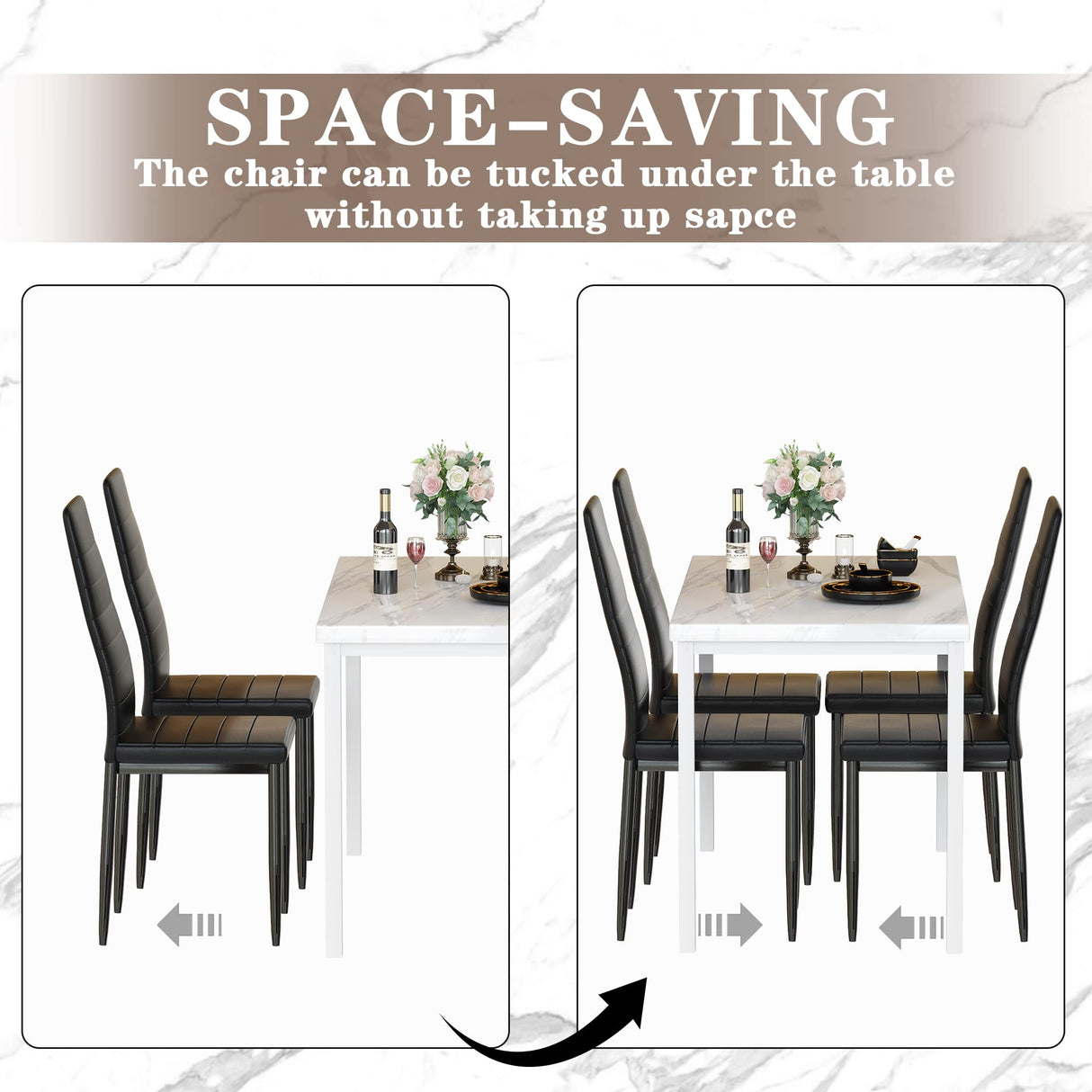 Hooseng Dining Table Set for 4- Space Saving Kitchen Table and Chairs for 4, Modern Style Faux Marble Tabletop & 4 PU Leather Chairs, Perfect for Dining Room,Breakfast Corner Small Spaces,White&Brown Hooseng