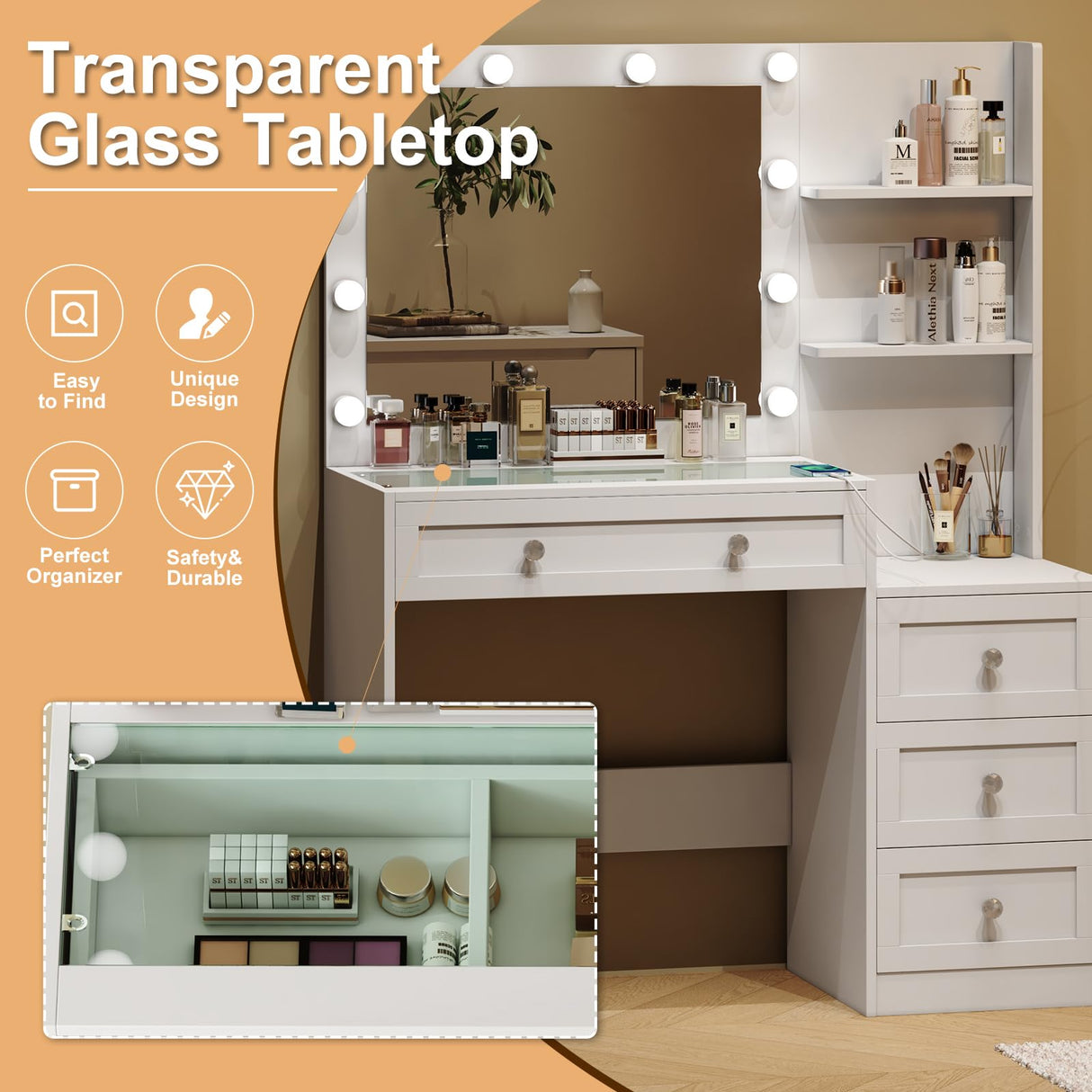 YaoYaoJia Vanity Desk with Mirror and Lights, 39.4" White Makeup Vanity with Glass Top,Dressing Table with 4 Drawers,Charging Station, 3 Lighting Modes for Women Bedroom YaoYaoJia