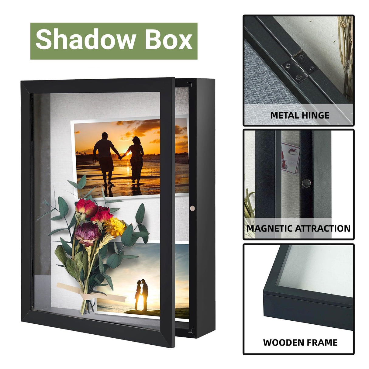 Muzilife 8x10 Shadow Box Picture Frame - 2.16" Interior Deep Wood & Glass Display Case Ready to Hang Memory Box Baby Sports Memorabilia, Wedding, Tickets, and Photos, Black Muzilife