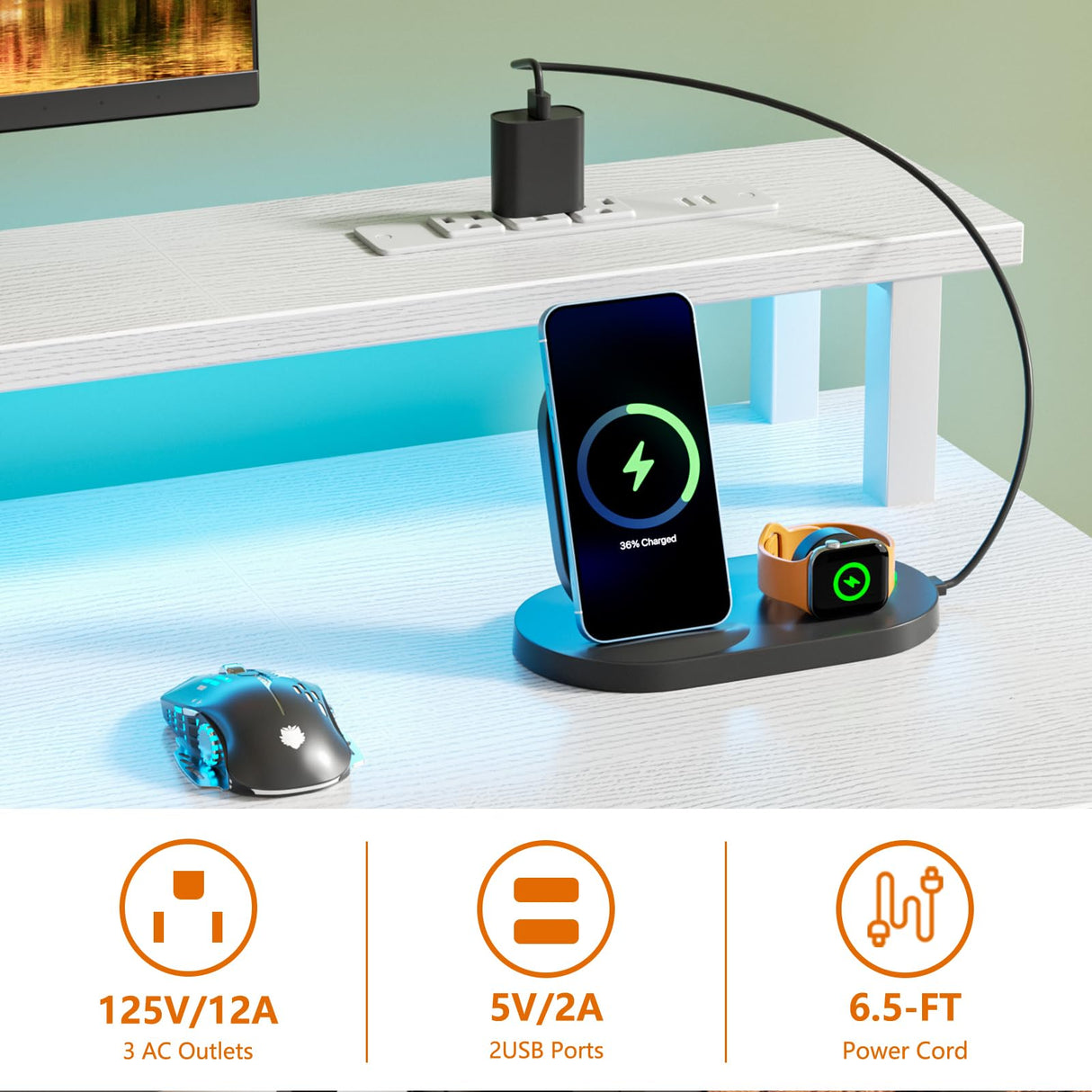 Furologee White Computer Desk with 4 Drawers, 60" Long Office Desk with Fabric File Cabinet and Power Outlets, Gaming Desk with LED Lights, Study Writing Work Desk with Shelf for Home Office Furologee