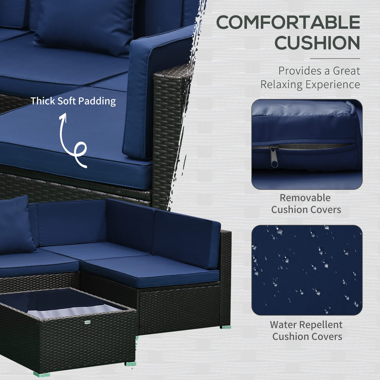 Outsunny 7-Piece Patio Furniture Sets Outdoor Wicker Conversation Sets All Weather PE Rattan Sectional Sofa Set with Cushions & Tempered Glass Desktop, Dark Blue Outsunny