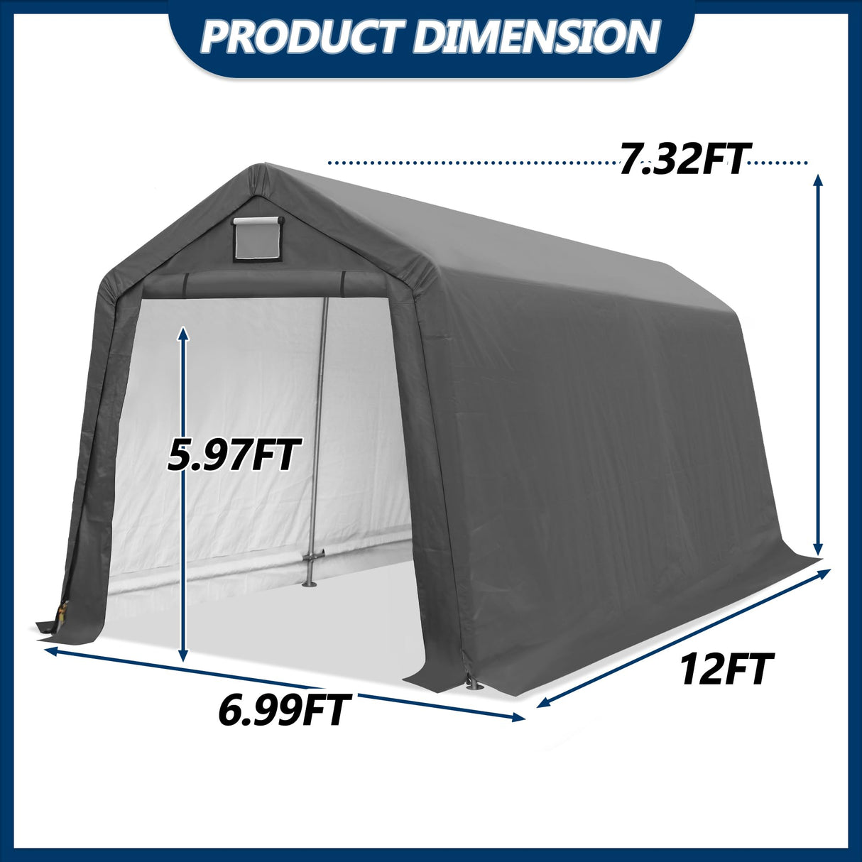 COVERONICS 7' x 12' Outdoor Storage Shed - Heavy Duty Portable Shelter Carport with Ventilation Windows and Roll-up Doors, Storage Shelter Tent for Motorcycle, Bike, Lawnmower and Garden Tools, Grey COVERONICS