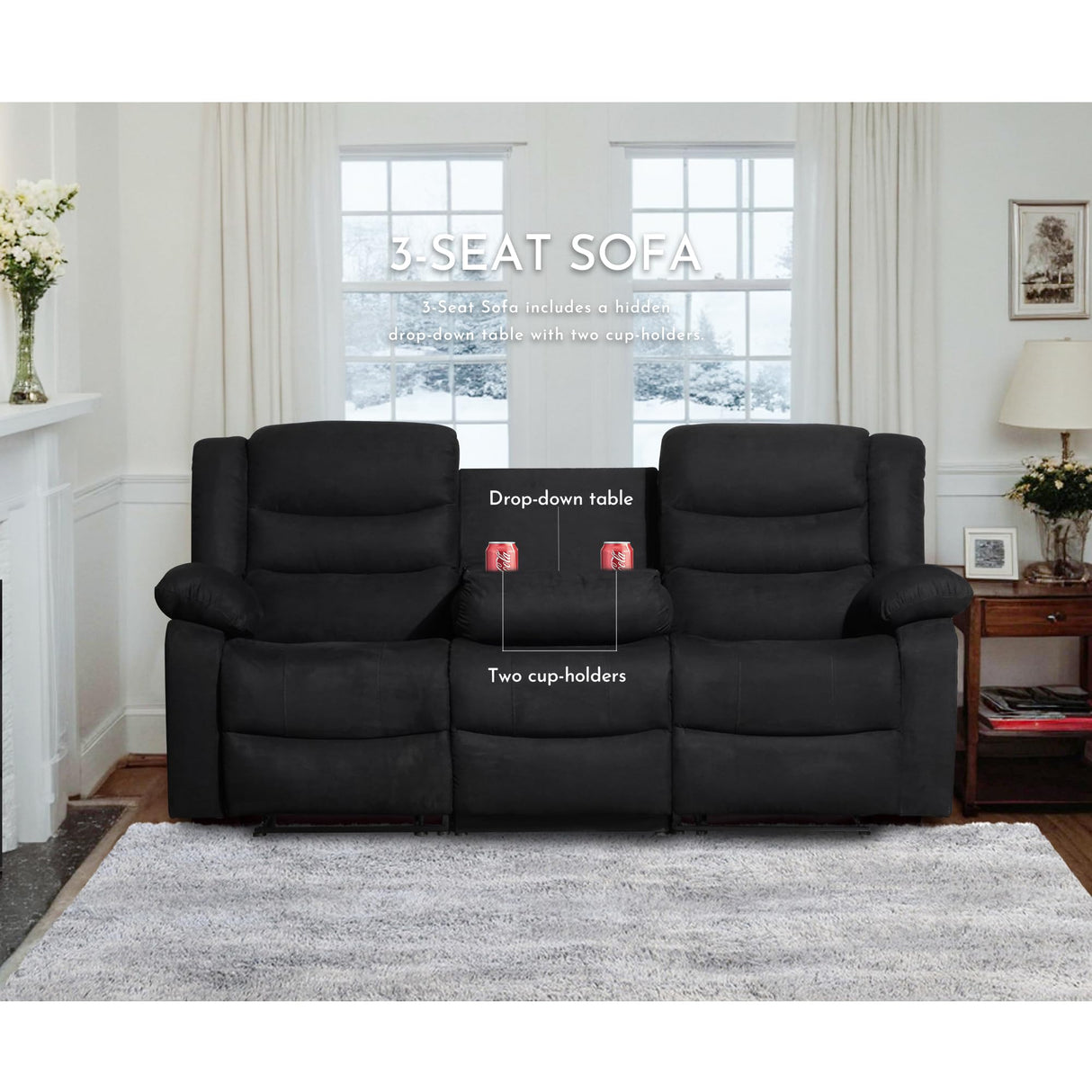 Recliner Sofa Set, Microfiber Manual Reclining Couch Set, 3 Piece Recliner Set with Loveseat, Dropdown Table& Cup Holders, Living Room/Office/Theater Seating (Black) UR livingroom