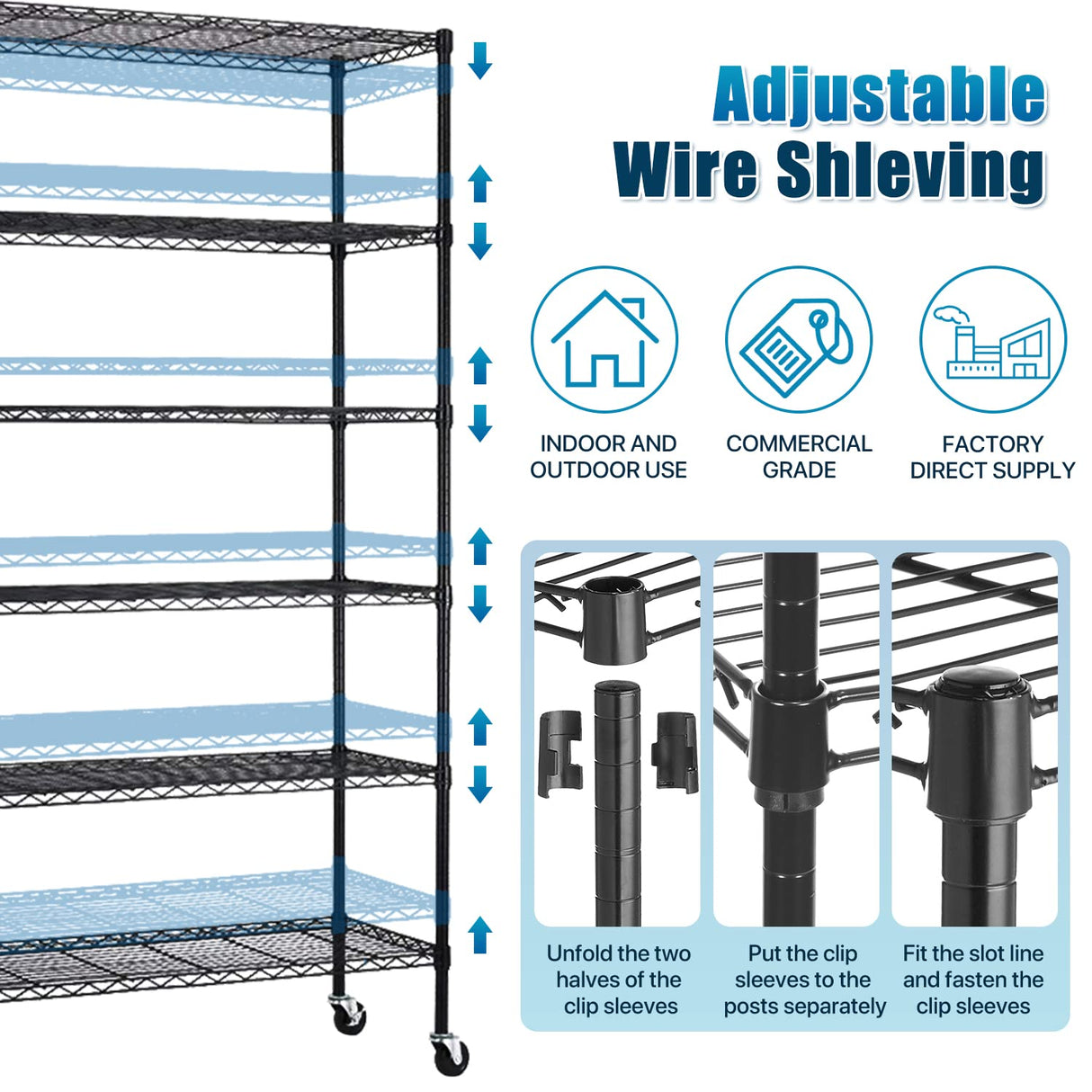 Dkelincs 6 Tier Wire Shelving Unit with Wheels 48" X 18" X 76" Metal Storage Shelves Height Adjustable NSF Heavy Duty Commercial Grade Garage Shelf Rack for Kitchen Basement Restaurant,Black Dkelincs