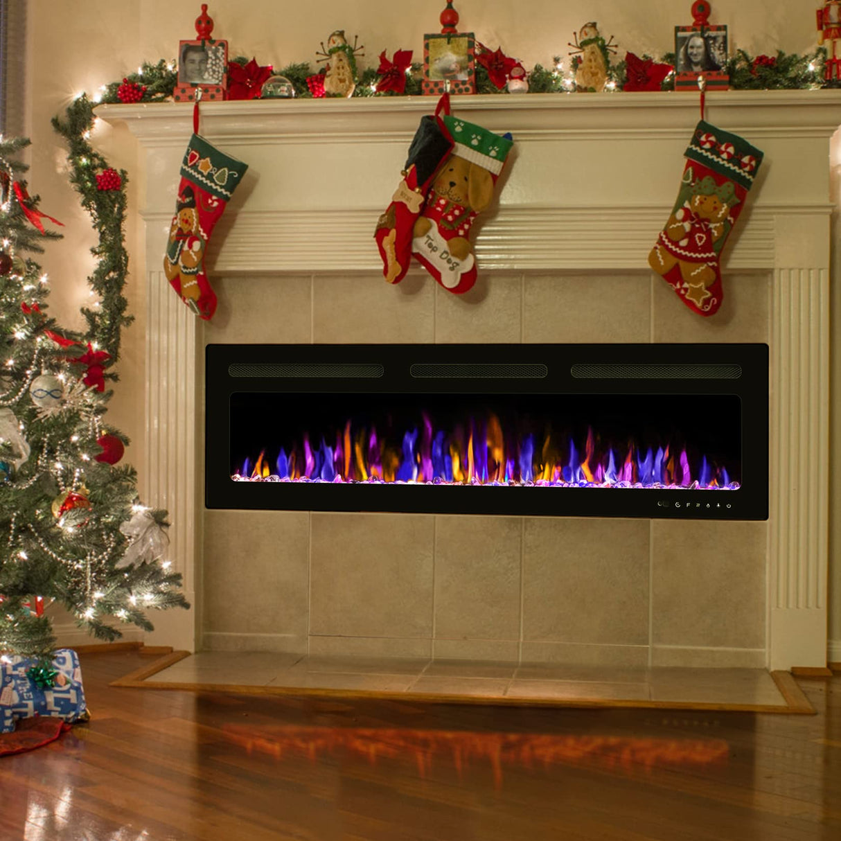 BETELNUT 68" Electric Fireplace Wall Mounted and Recessed with Remote Control, 750/1500W Ultra-Thin Wall Fireplace Heater W/Timer Adjustable Flame Color and Brightness, Log Set & Crystal Options BETELNUT