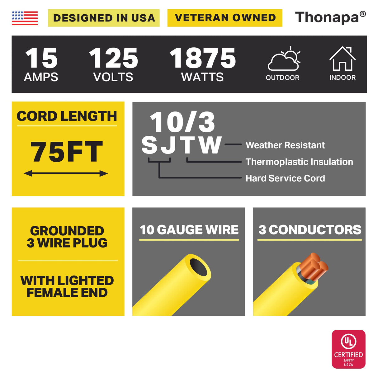 Thonapa 75 Ft 10 Gauge Extension Cord, Weatherproof Heavy Duty Outdoor Extension Cord 10 AWG 75’, SJTW 3 Prong Lighted Plug 10/3 Yellow Cable 15 Amp, Great for Major Appliances & Garden Tools Thonapa