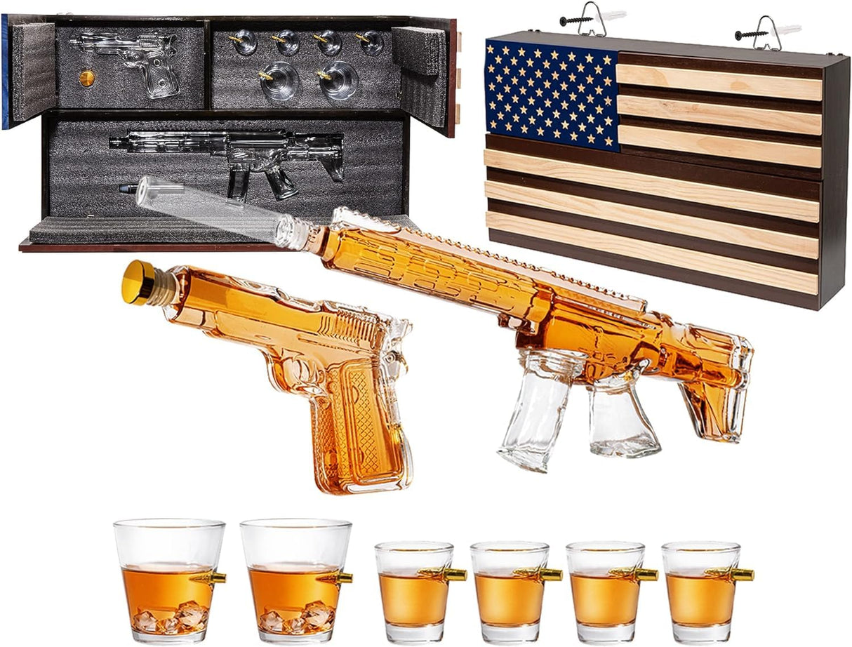 AR15 Whiskey Gun Decanter Flag Set - 1000ml Rifle & Pistol Set - Hanging Storage American Flag Gift Box & Bullet Glasses & Shot Glass, Great Gift - Army, Navy, Marine, Veterans & Gun Enthusiasts Gifts The Wine Savant