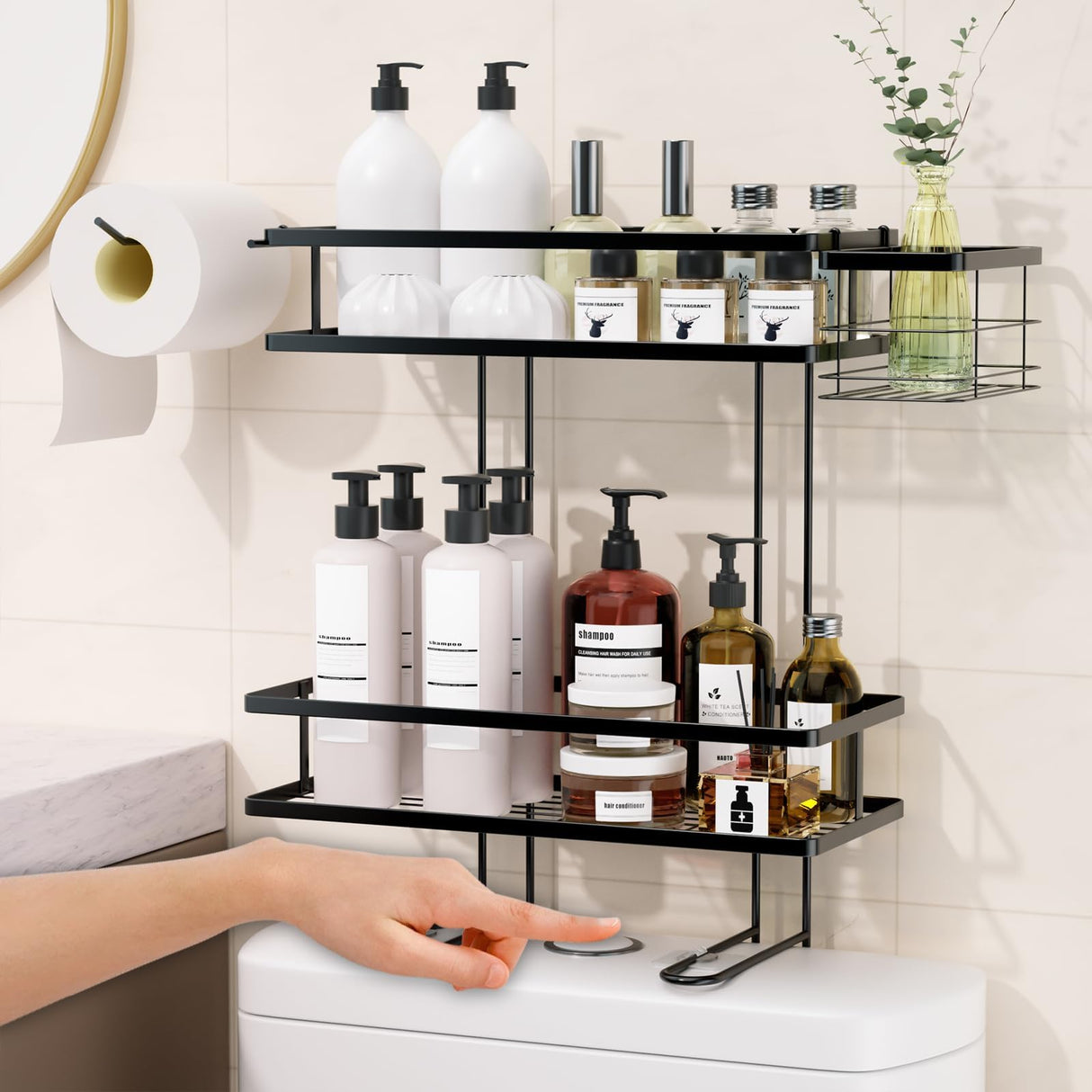 IIQ Over The Toilet Storage,2-Tier Bathroom Organizer Over Toilet with Removable Basket Paper Holder, Above Toilet Storage with Non-Trace Adhesive, No Drilling Toilet Organizer IIQ