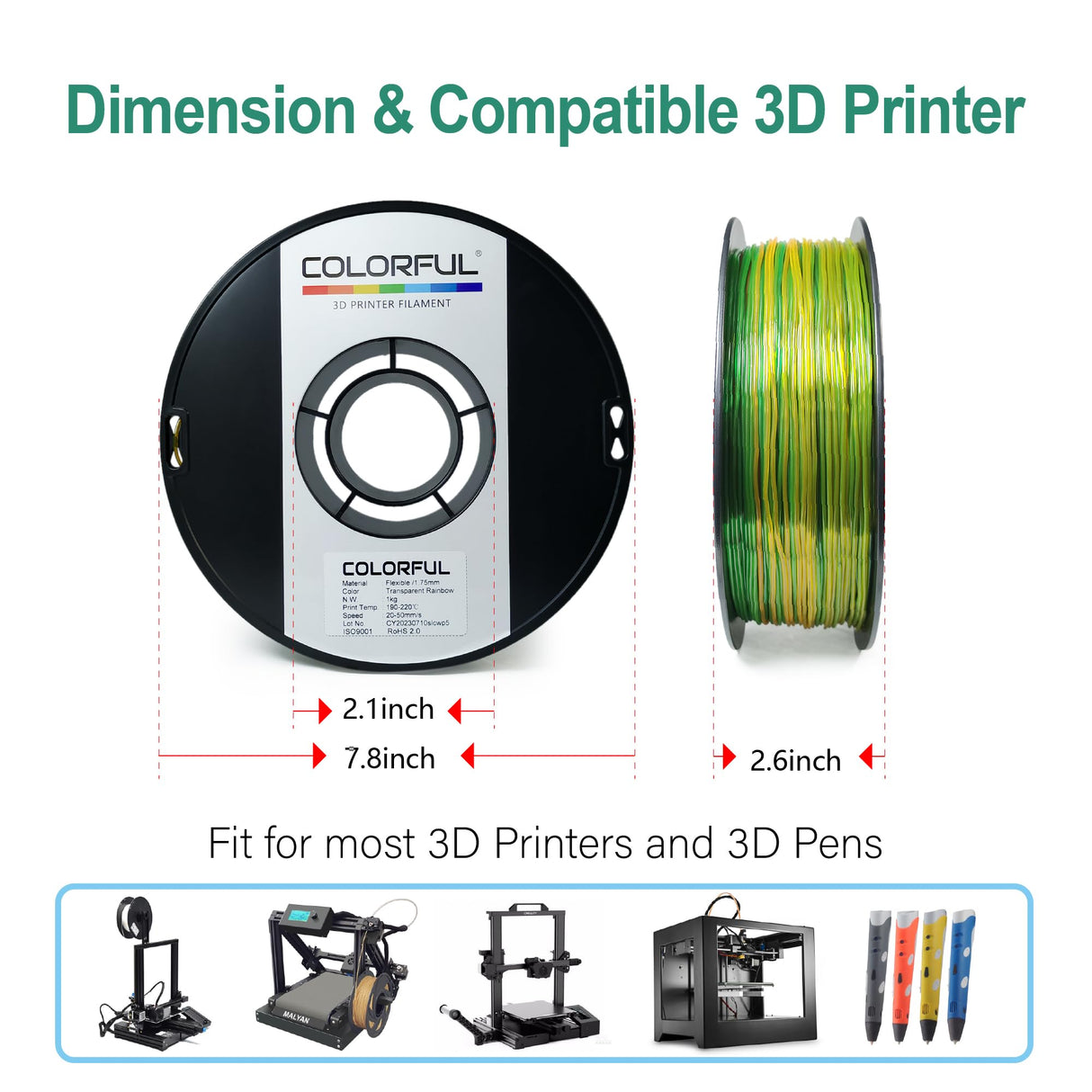 COLORFUL TPU Filament 1.75mm Translucent Rainbow, 95A Soft, 1kg Spool (2.2LB), TPU Translucent Rainbow colorful