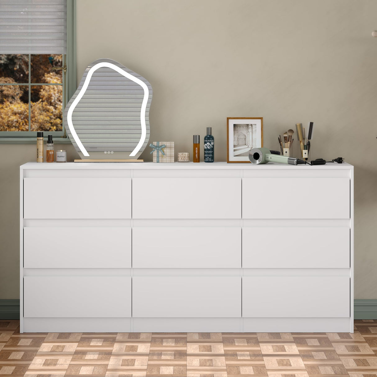 Furniouse Modern 9 Large Storage Drawers Dresser for Clothes Organizer, White Modern Chest of Drawers for Closet,63" Long Drawer Organizer Cabinet for Bedroom,Living Room,Entryway,Hallway Furniouse