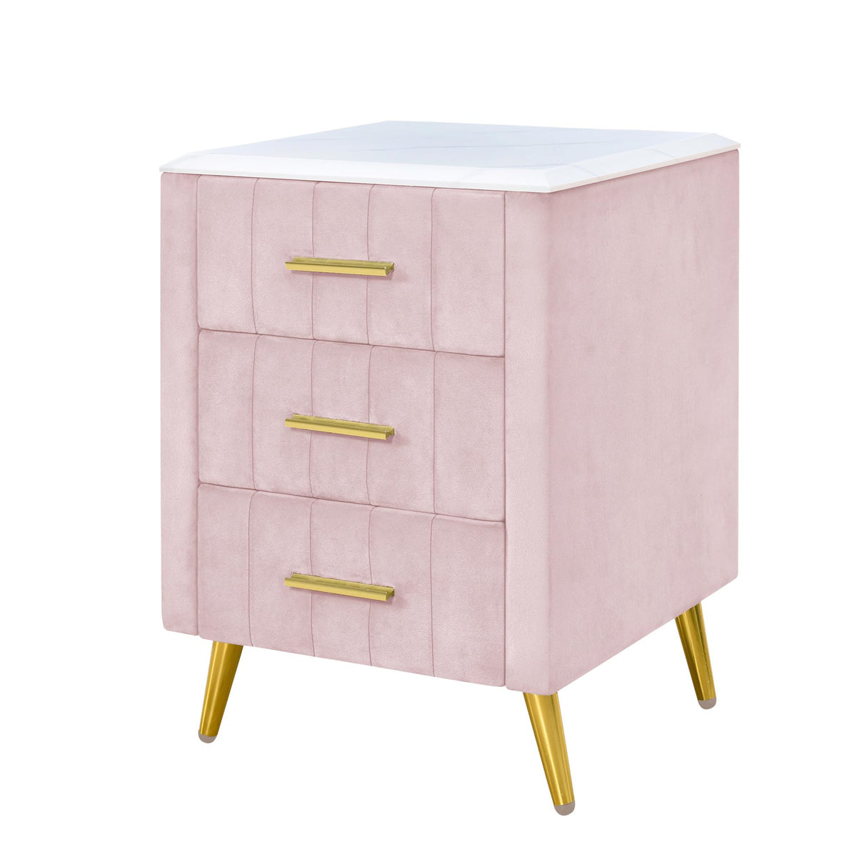 SOFTSEA Upholstered Nightstand with Faux Marbling Top, Modern Velvet Bedside Table with 3 Drawers, Velvet End Table with Golden Legs for Bedroom, Living Room (Pink) SOFTSEA