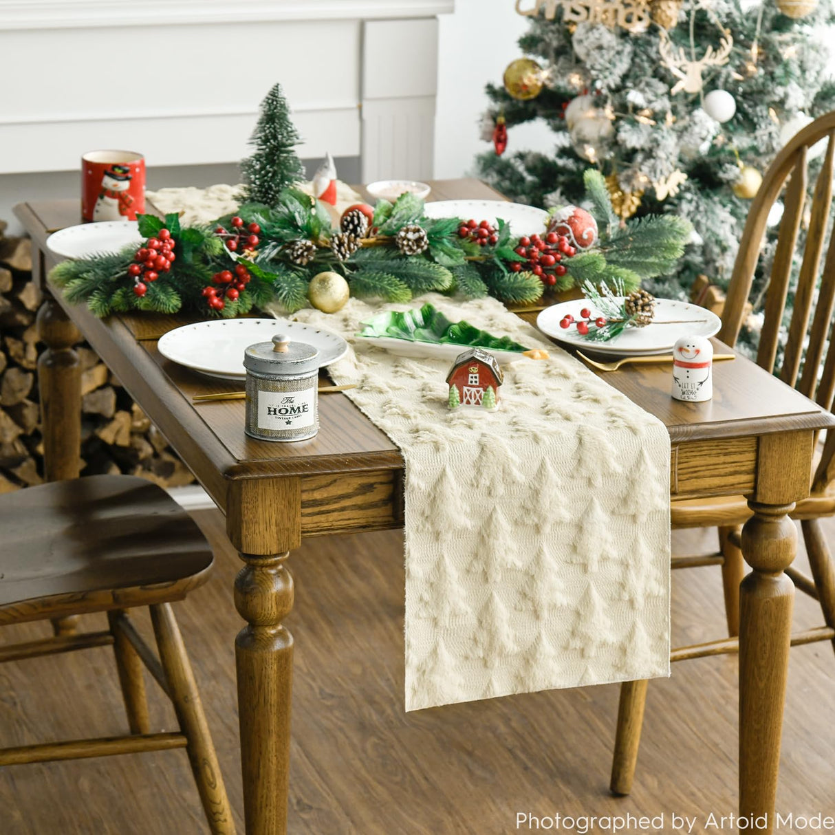 Artoid Mode Christmas Trees Beige Soft Plush Faux Fur Jacquard Christmas Table Runner, Holiday Kitchen Dining Table Decoration for Home Party Decor 13x72 Inch Artoid Mode