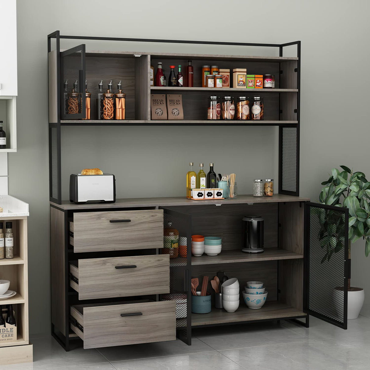 ECACAD Walnut Modern Wood Sideboard Buffet with Hutch, Metal Mesh Doors, and Ample Storage Compartment ECACAD