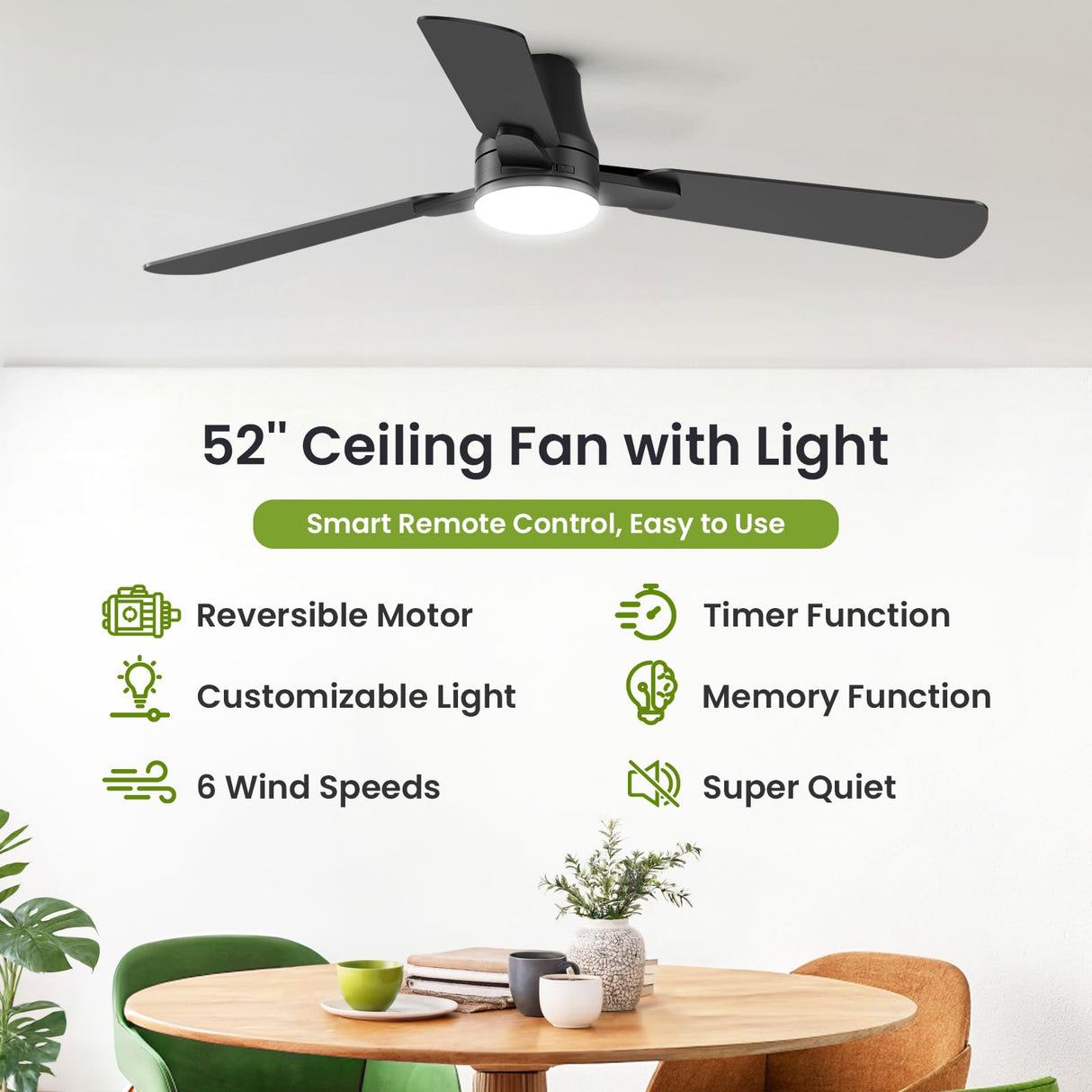 OSTIVE Ceiling Fans with Lights and Remote: 52 Inch Modern Black Ceiling Fan, Low Profile Flush Mount, Quiet Reversible DC Motor & 3CCT Dimmable LED for Bedroom Living Room Kitchen Indoor Outdoor OSTIVE