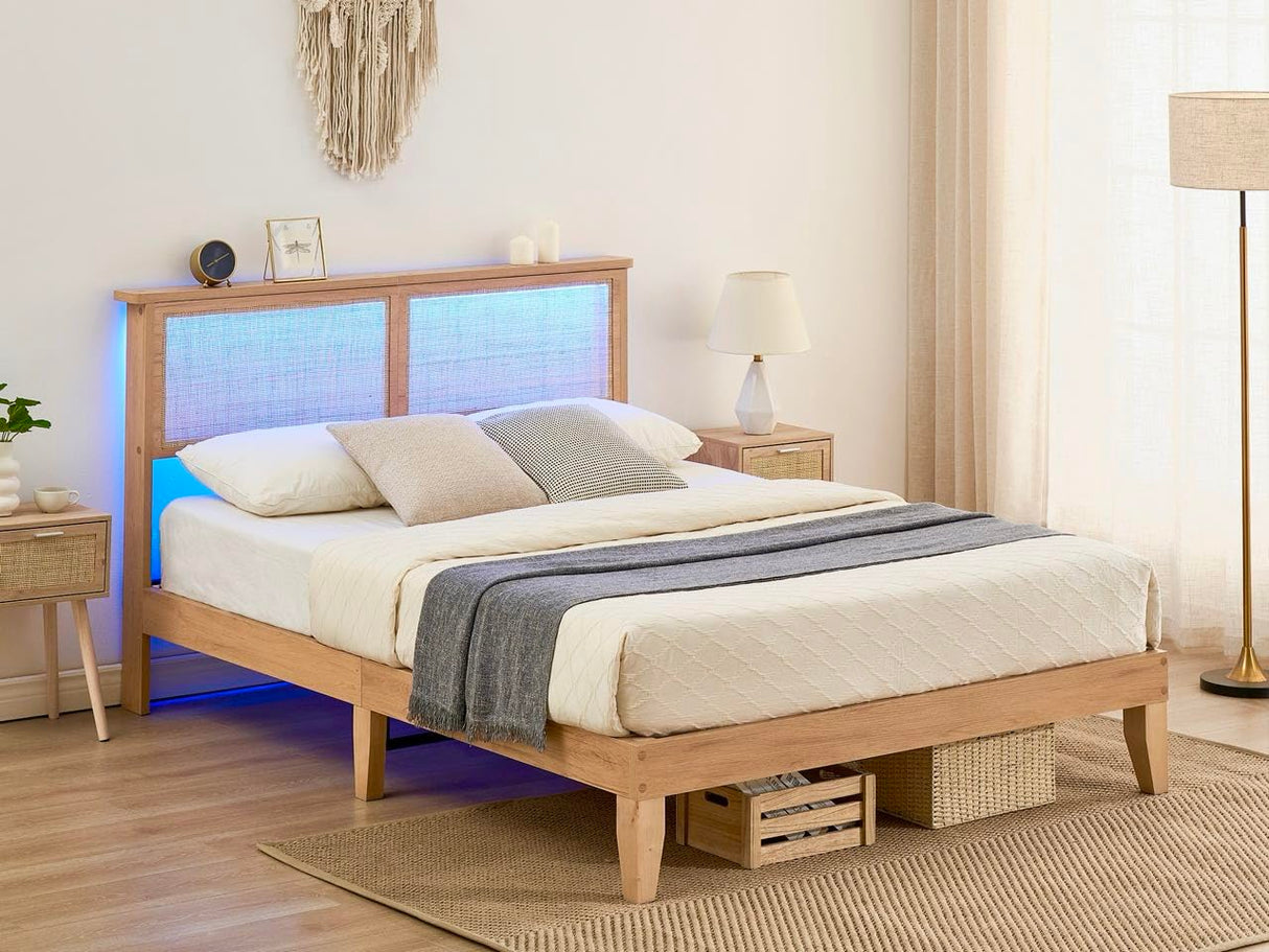 GarveeHome Rattan Bed Frame Queen, Natural Rattan Headboard Queen Bed Frame with Led Lights, Noise-Free Platform Bed Frame with Wooden Support Legs and Slats, Easy Assembly, No Box Spring Needed GarveeHome