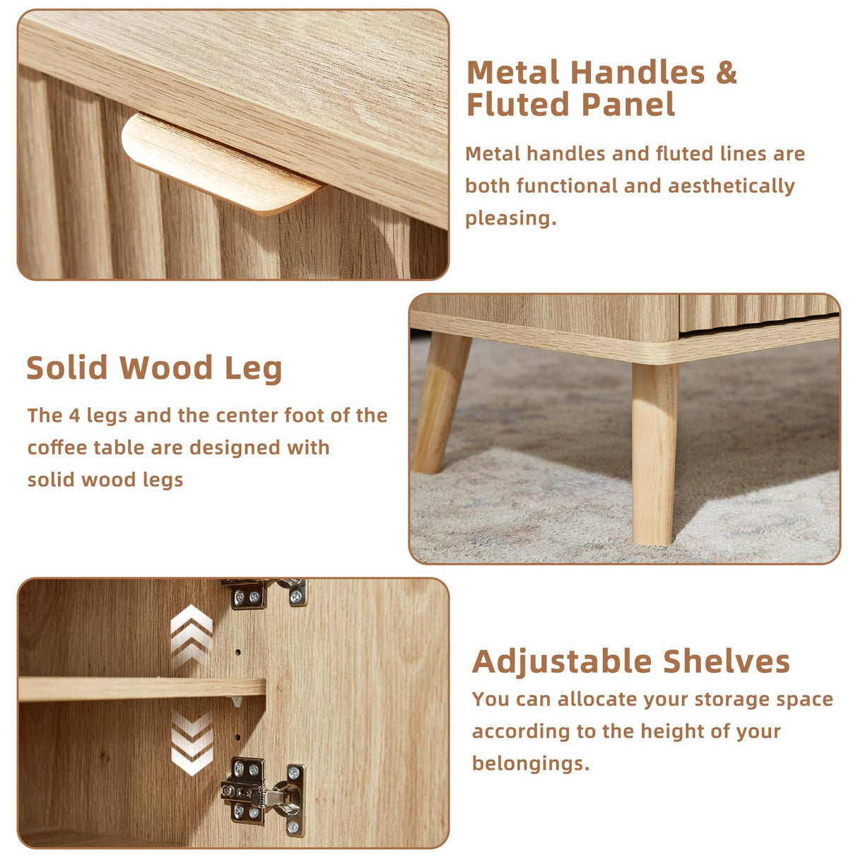 LEYAOYAO 48" Fluted Lift Top Coffee Table with Hidden Storage & Adjustable Shelves, Lifting Tabletop Large Rectangular Coffee Tables, Mid Century Modern Wood Center Table for Living Room, Natural LEYAOYAO