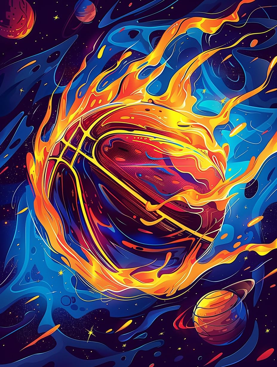 LXTONG Sport Basketball Diamond Painting Set, Flame Basketball Diamond Painting for Adult, Ball Diamond Arts and Crafts Wall Decor for Ball Enthusiasts (16 X 12 Inches) LXTONG