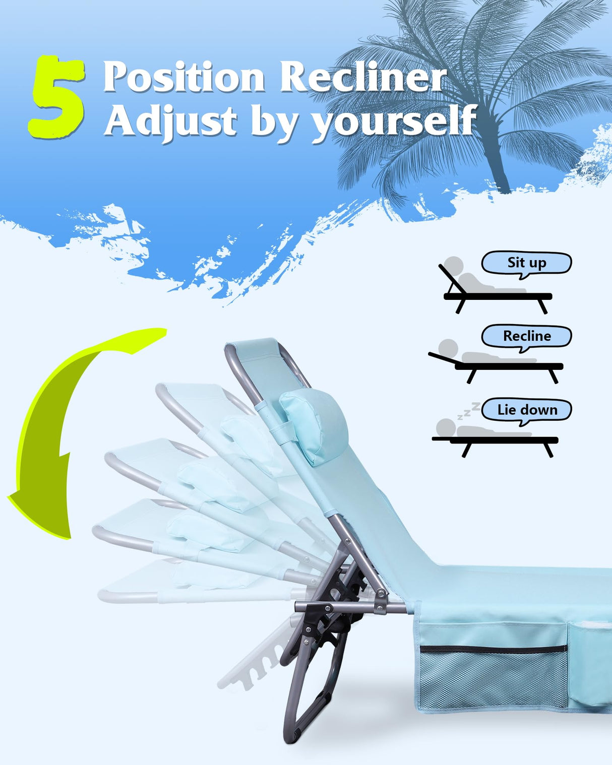 WLIVE Outdoor Tanning Chair, 5-Position Folding Beach Chair with Face Hole, Portable Patio Lounge Chair for Beach, Pool,Camping, Light Blue WLIVE