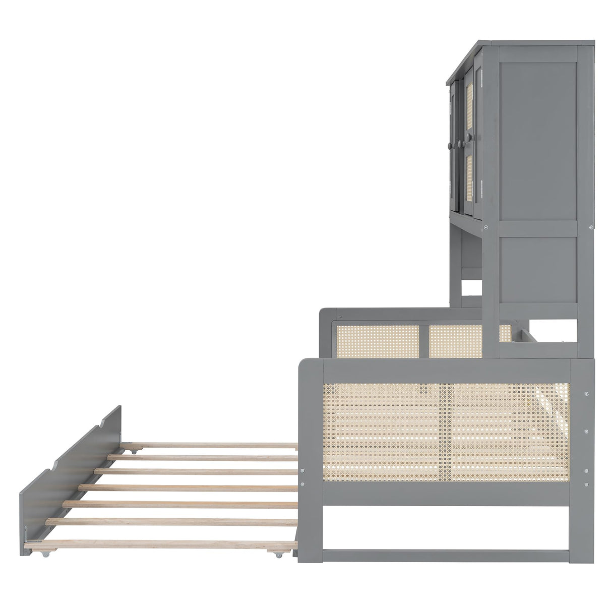 RuiSiSi Twin Size Daybed with Trundle & Storage, Solid Wood Corner Bed with Bookcase Headboard and Cabinets, Rattan Style Twin Day Bed Frame for Kids Teens Adults, Grey RuiSiSi