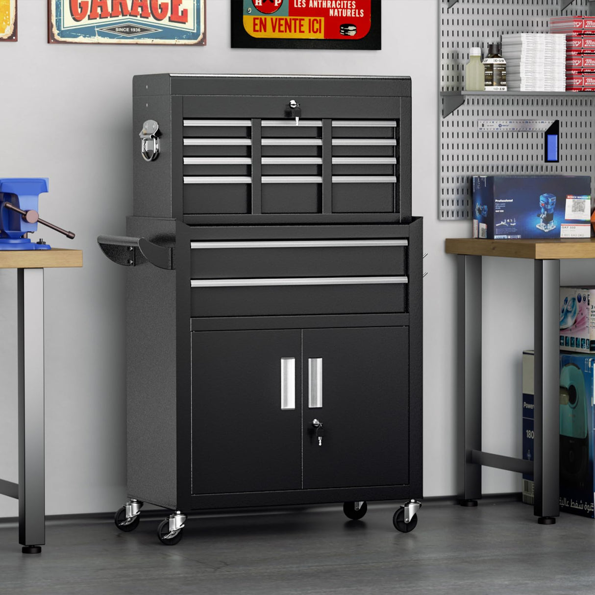 Omelaza 8-Drawer Rolling Tool Chest with Lock, Detachable Tool Cabinet Cart with Wheels, High-Capacity Mechanic Tool Organizer for Garage Workshop Warehouse Storage Omelaza