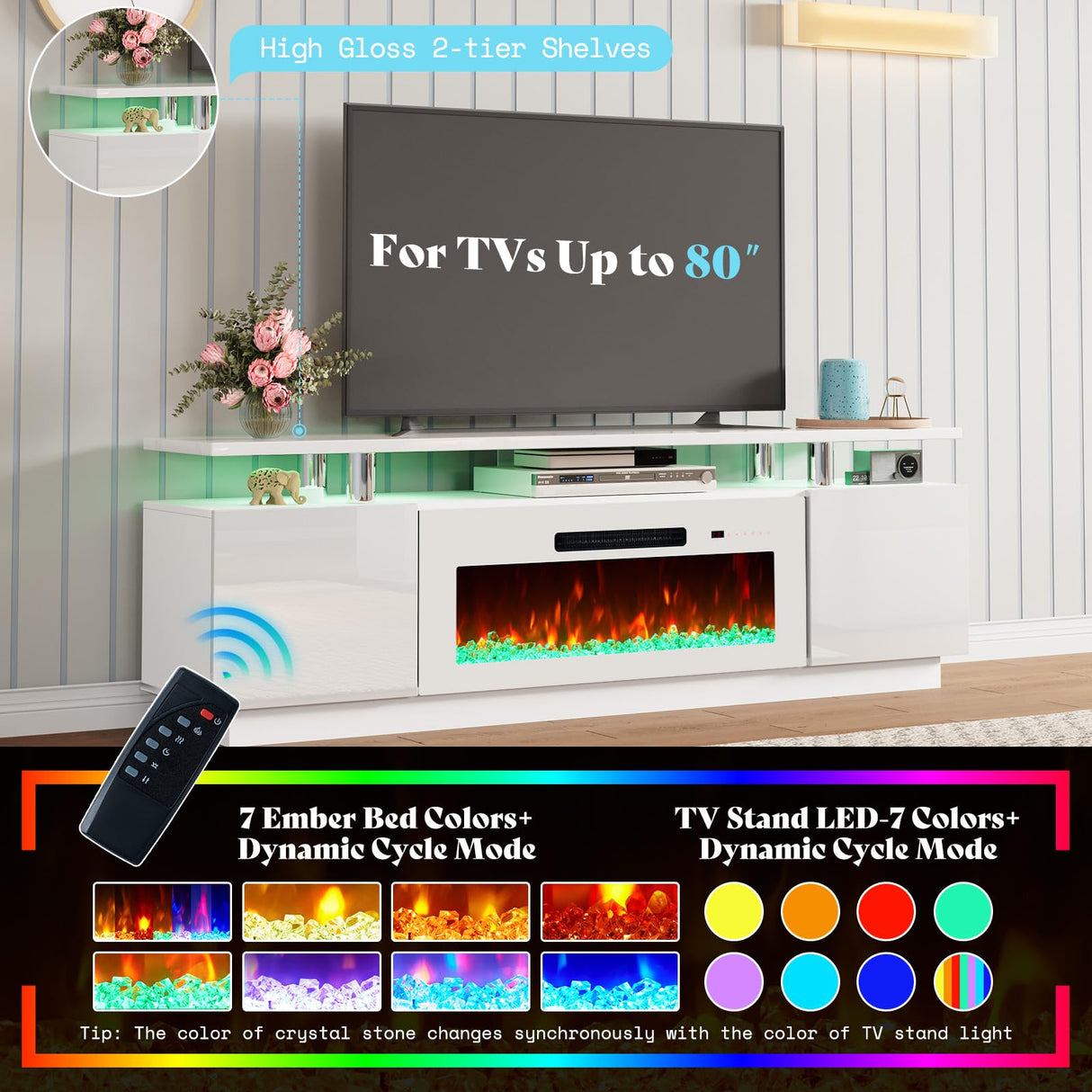 AMERLIFE 5 Piece Modern Living Room Table Set, Includes 70" Fireplace TV Stand, 2-Tier Coffee Table, 2 X Side Tables with Charging Station, LED Media Furniture, White AMERLIFE