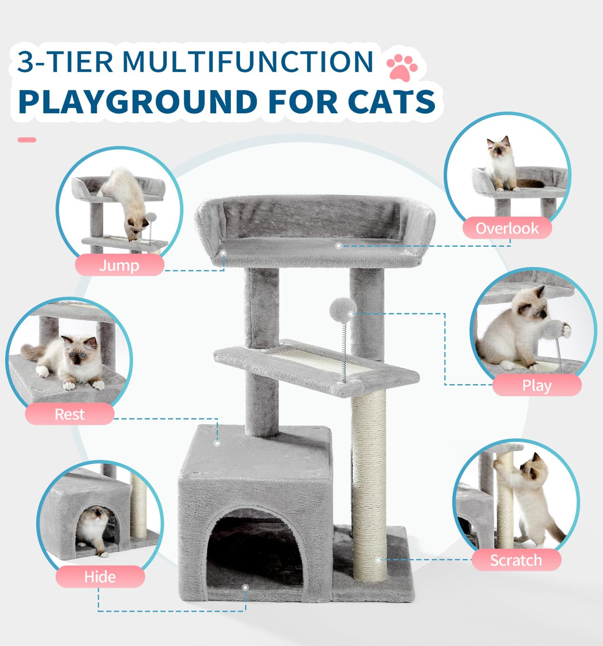 Made4Pets Cat Tree, Carpet Cat Tower Grey for Indoors Cats, Cute Wood Kitty Condo with Scratching Post and Pad, 29" Multi-Level Modern Activity Climbing Furniture for Small and Medium Cats MADE 4 PETS