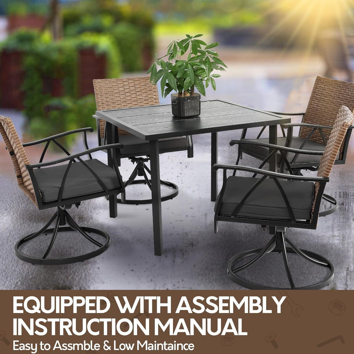 Andehomy 5-Piece Patio Dining Set for 4,Outdoor Dining Set with Wicker Swivel Patio Dining Chairs with Cushions & 1 Black Square Woodgrain Dining Table with 1.75”Market Umbrella Hole, Black & Brown Andehomy