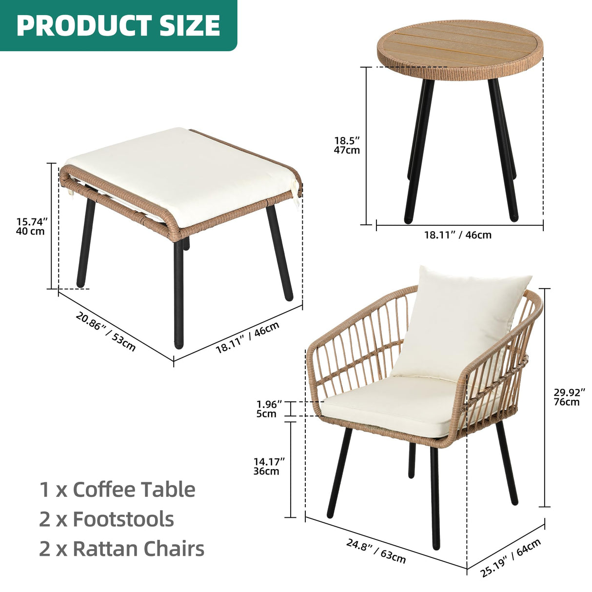 YITAHOME 5-Piece Outdoor Wicker Furniture Set, All-Weather Patio Bistro Set with Footrest, Small Patio Conversation Set for Balcony Outside, Outdoor Chairs with Ottomans and Coffee Table YITAHOME