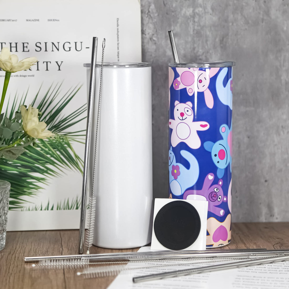 AGH 25-Pack Reusable Stainless Steel Metal Straws & Rubber Bottoms for Sublimation Tumblers 20 oz with 25-Pack Stainless Steel Metal Straws, 25-Pack Straw Cleaner Brush and 25-Pack Silicone Bottoms AGH