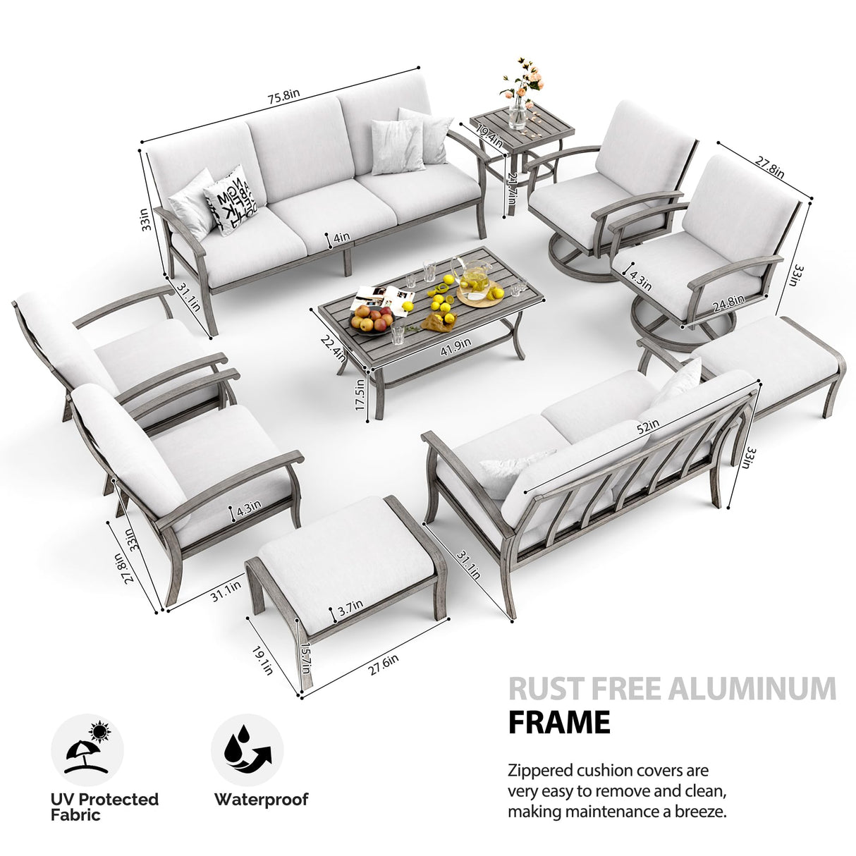 HAPPATIO 10 Piece Aluminum Patio Furniture Set, 3-Seat Outdoor Couch and Loveseat, All-Weather Outdoor Sectional Sofa with Swivel Armchairs and Ottomans, Garden Conversation Set(Gray) HAPPATIO