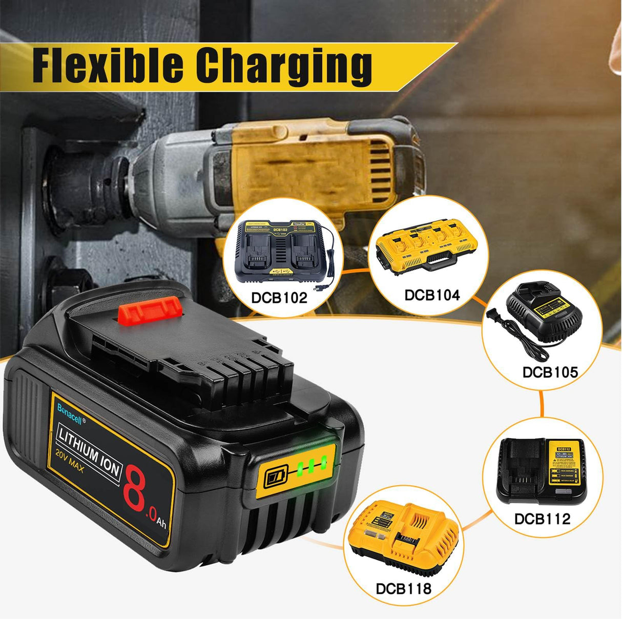 Bonacell 2Pack 8000mAh Lithium Replacement for Dewalt 20V MAX Battery DCB206 DCB204 DCB200 DCB180 DCB181 DCD/DCF/DCG Series Bonacell