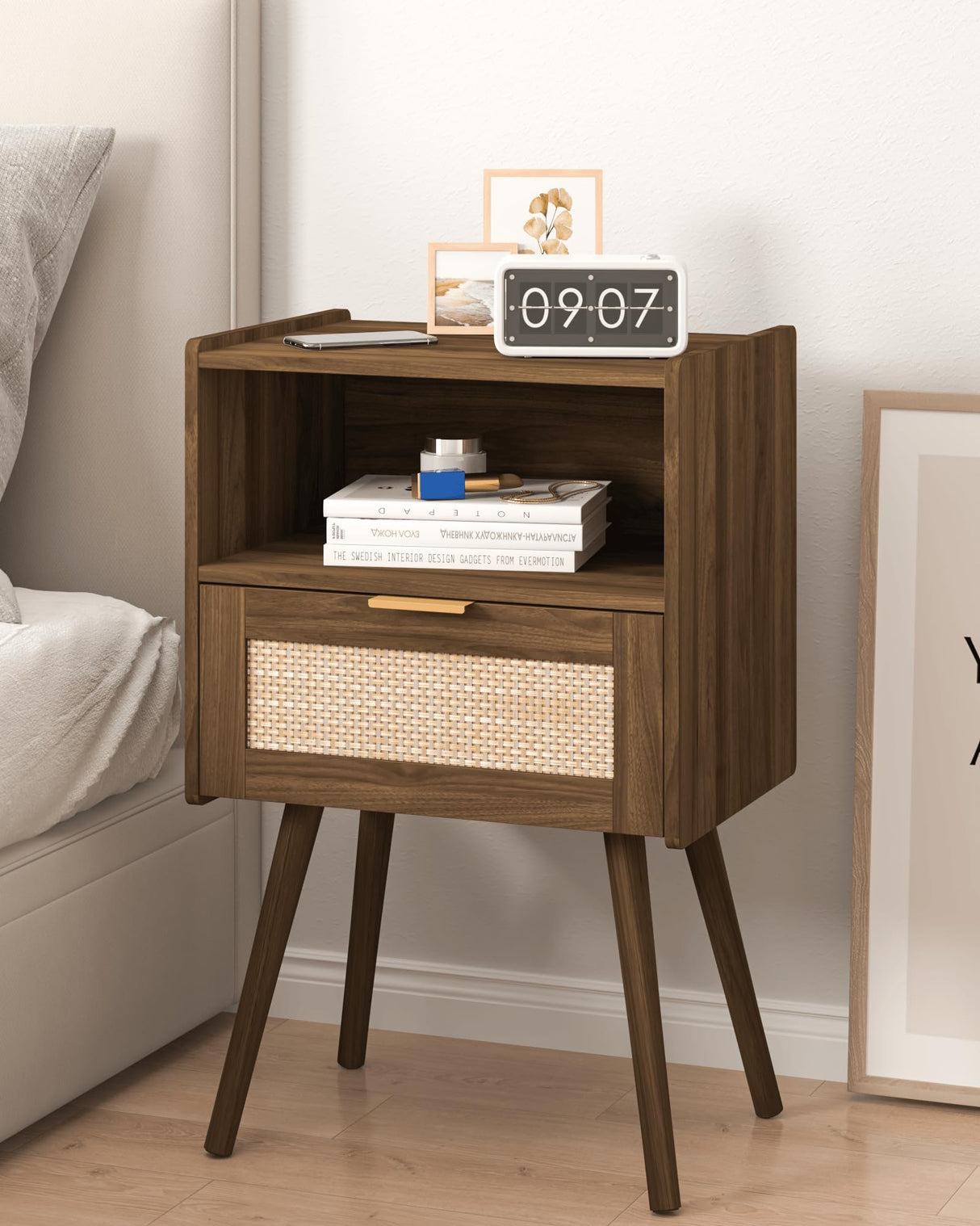 Veegle Rattan Nightstand,Modern Bedside Table with Storage Drawer and Open Wood Shelf, for Living Room, Bedroom and Small Spaces, Accent Night Stand with Solid Wood Legs, Easy Assembly,Walnut Brown Veegle