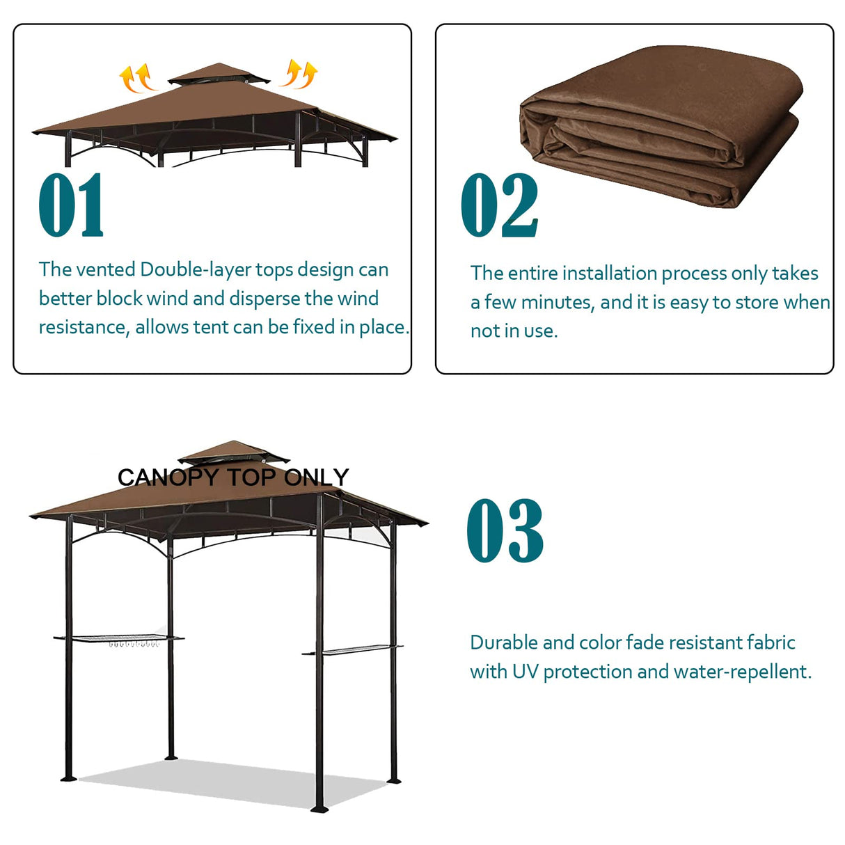 Grill Gazebo Replacement Canopy Top - Wonwon 5x8 Gazebo Roof Double Tiered Outdoor BBQ Roof Cover Grill Shelter Only Fit for Model L-GG001PST-F (Brown) Wonwon
