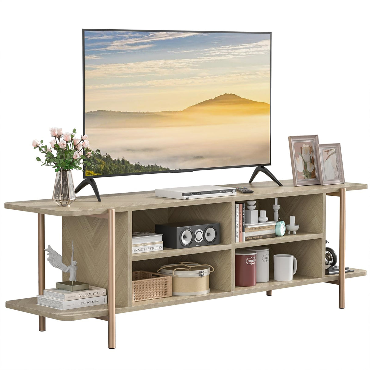 Giluta TV Stand for TV up to 75 Inch, Wood TV Cabinet with Open Storage, Entertainment Center TV Console Table, Coffee Table for Living Room (Light Oak) Giluta