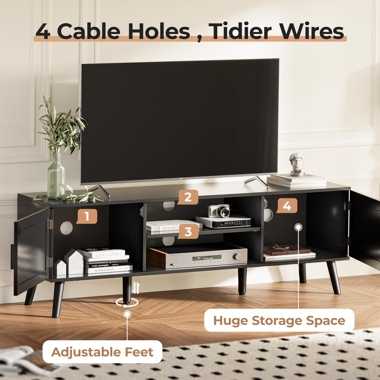 SUPERJARE 65 Inch TV Stand, Entertainment Center with Adjustable Shelf, Rattan TV Console with 2 Cabinets, Media Console, Solid Wood Feet, 4 Cord Holes, for Living Room, Black SUPERJARE