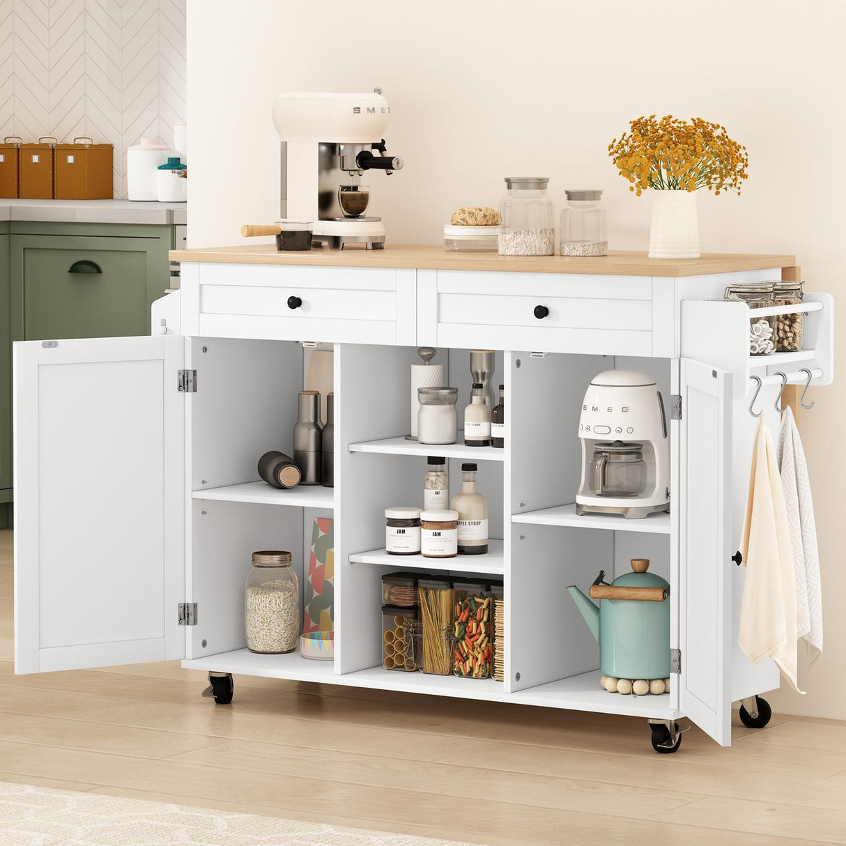 HLR Kitchen Island On Wheels, Rolling Kitchen Island Cart with Drop Leaf Countertop, Barn Door Kitchen Islands Table with Storage Cabinet and Tower Rack, Island Table for Kitchen HLR