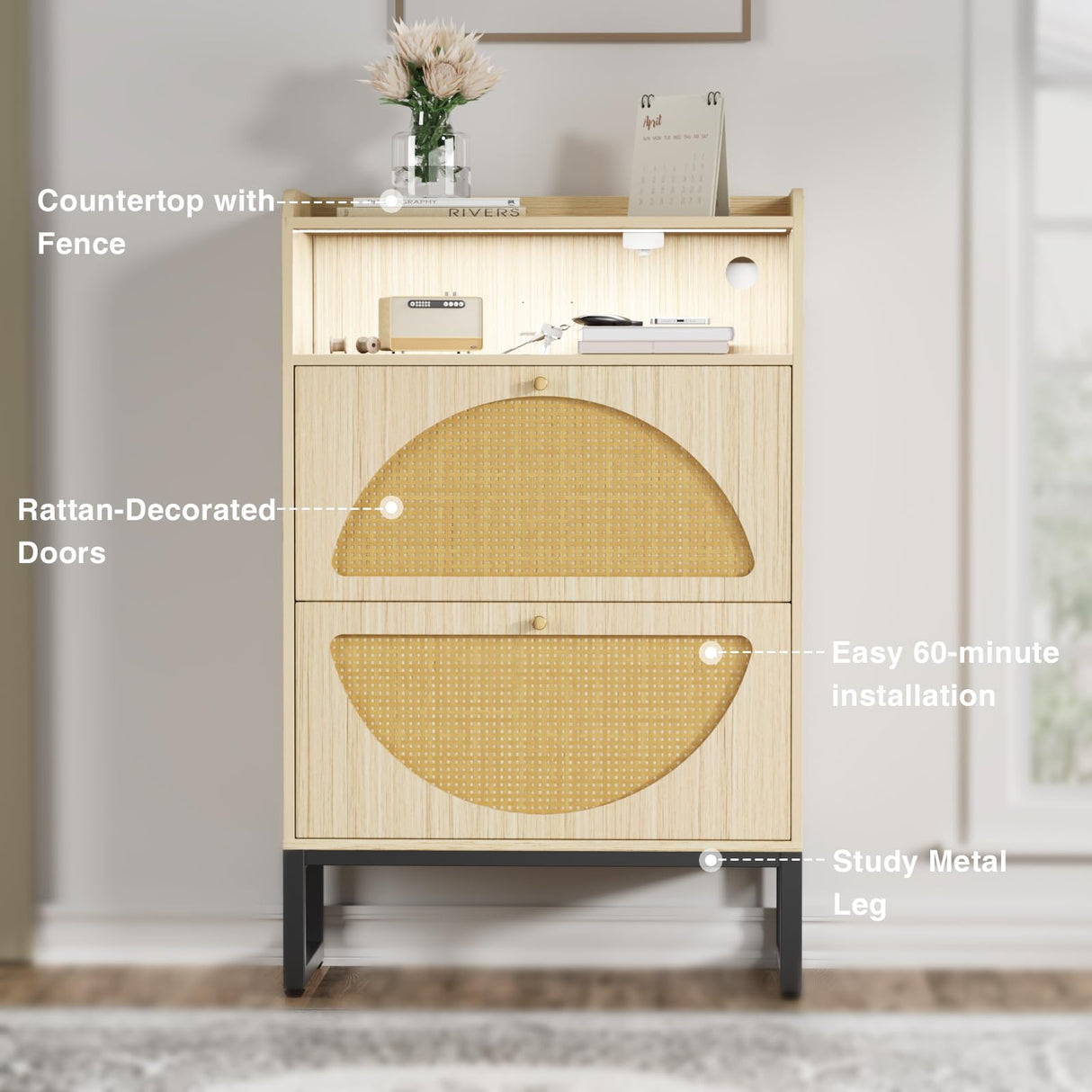 FiveWillowise Shoe Storage Cabinet, Rattan Shoe Cabinet with 2 Flip Drawers & Sensor Light for Entryway, Narrow Free Standing Shoe Racks for Entryway, Hallway, Home, Beige FiveWillowise