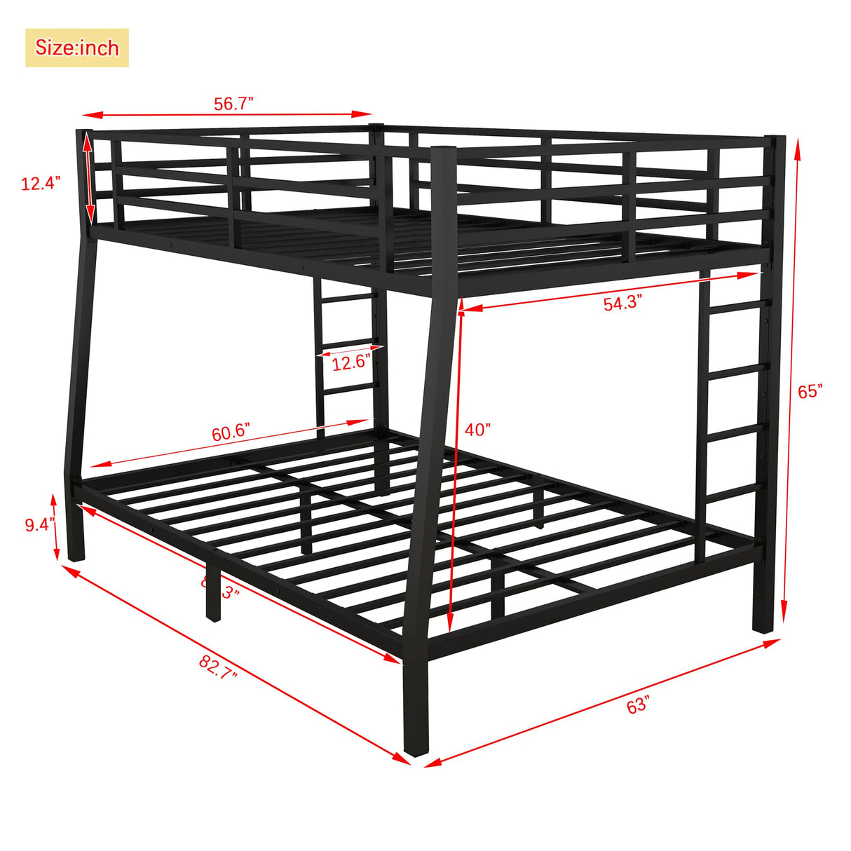 KEIKI Metal Full XL Over Queen Bunk Bed with Guard & Ladder, Heavy-Duty Bunk Bed for Teens and Adults, No Box Spring Needed - Black KEIKI