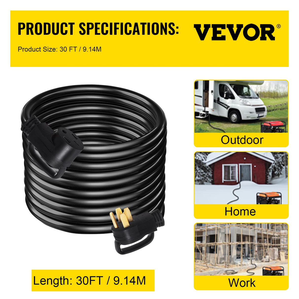 VEVOR 30 FT 50Amp RV Extension Cord NEMA N14-50P to N14-50R, 125 / 250V Heavy Duty STW 6/3+ 8/1 RV Power Cord, for EV Charging and RV Trailer Campers VEVOR