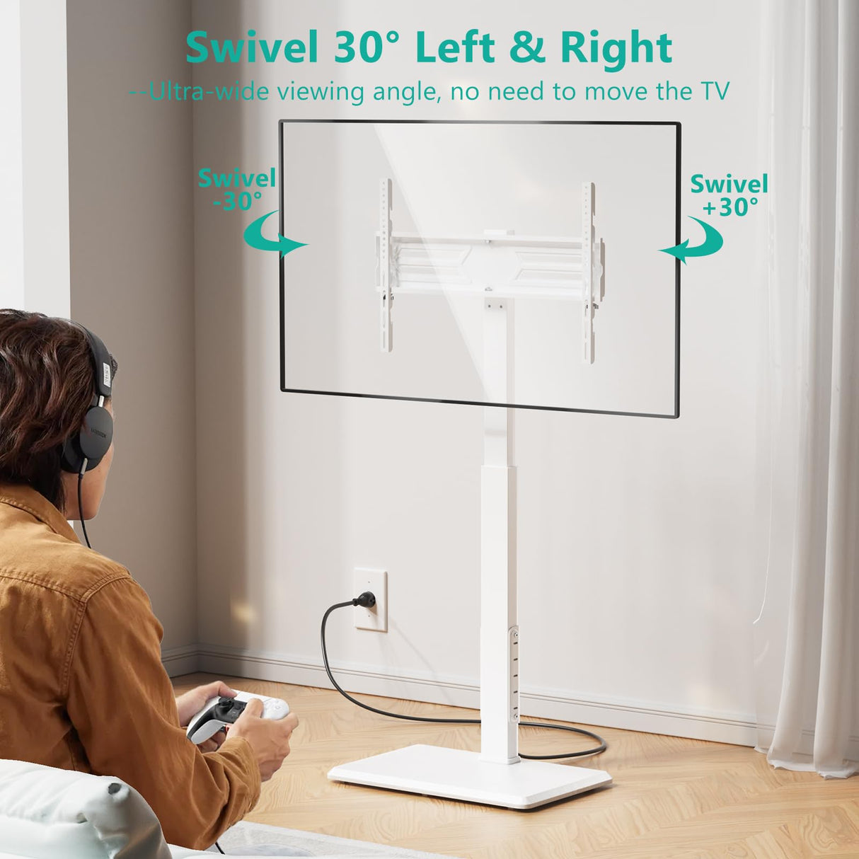 WALI Floor TV Stand with Power Outlet, Tall TV Stand Mount for 32-70 inch TVs up to 110 lbs, Swivel and Height Adjustable TV Stands with Wood Base for Bedroom, Office(TVDVD-7PW), White WALI