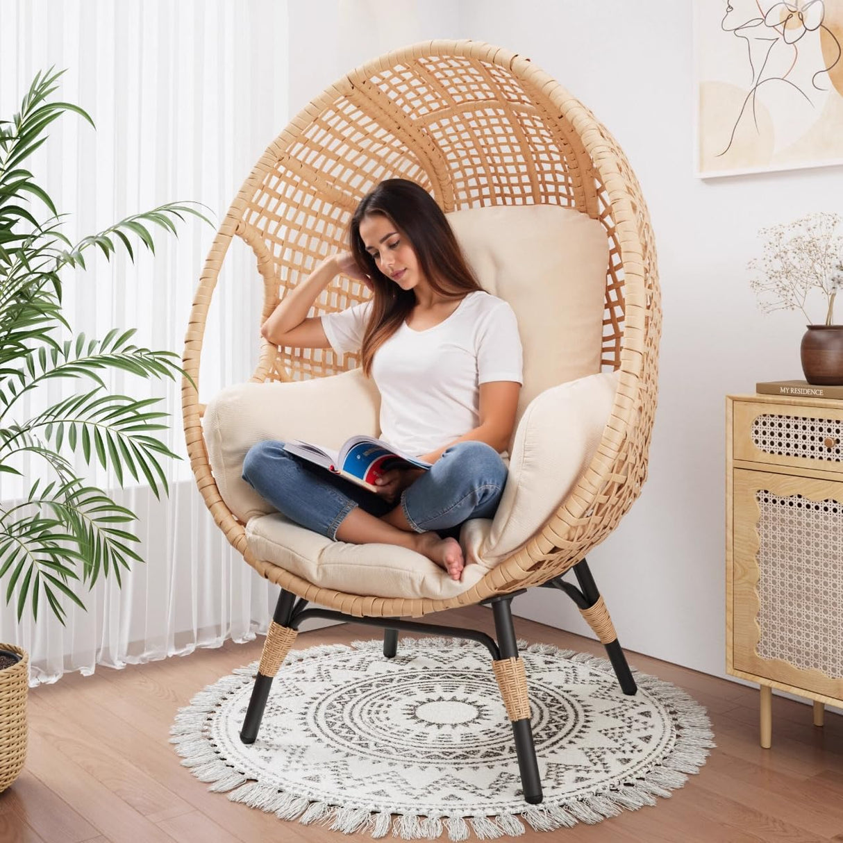TQKVIPI Oversized Wicker Egg Chair Outdoor Indoor Rattan Patio Egg Lounge Chairs with Cushion 500lbs Capacity for Living Room, Balcony, Backyard(Beige) TQKVIPI