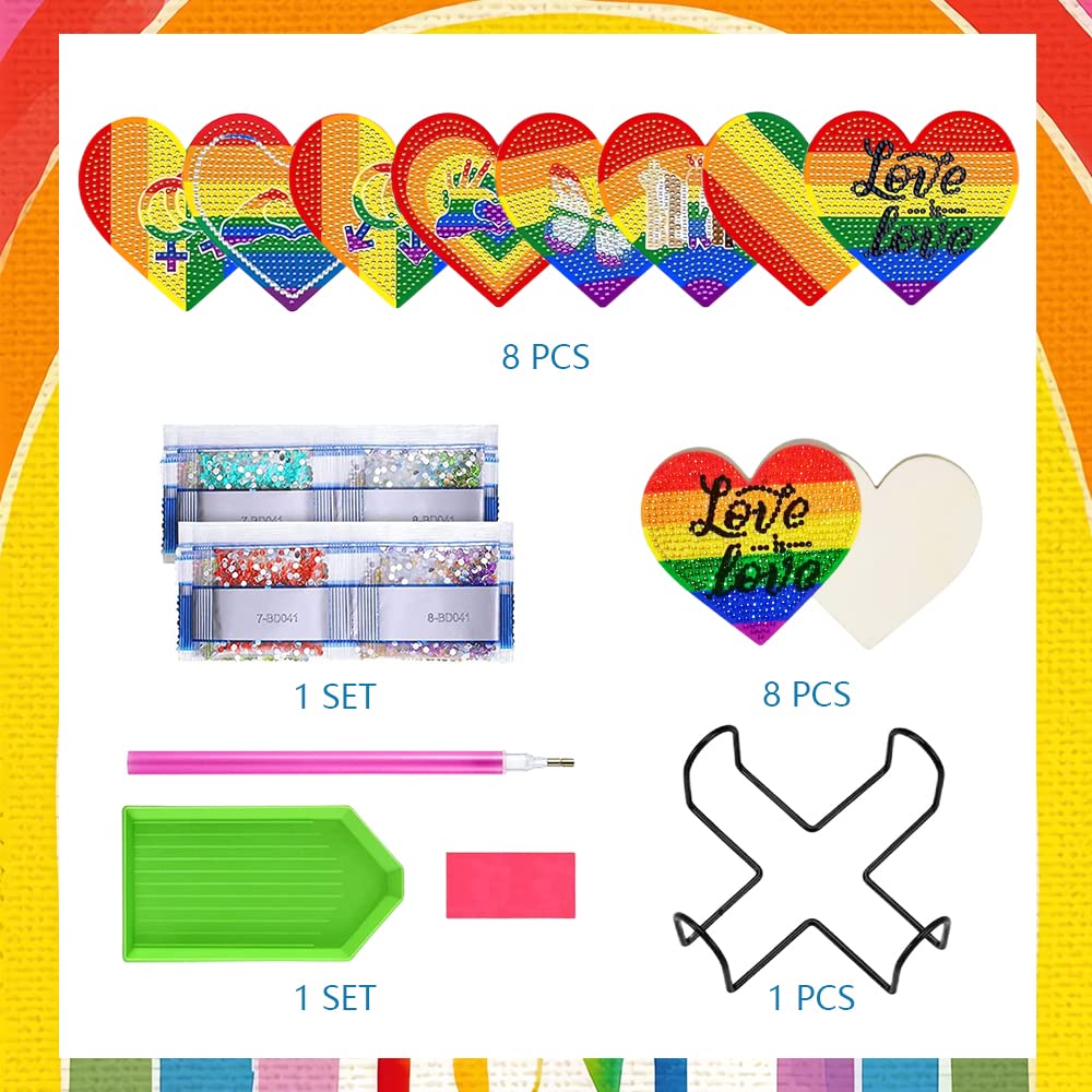 EVECILOO 8 PCS Rainbow Heart Diamond Art Painting Coasters Kits, Pride Month DIY Diamond Coasters with Holder, Gay Pride LGBTQ Coaster for Beginners Adults Art Craft Supplies Gift EVECILOO