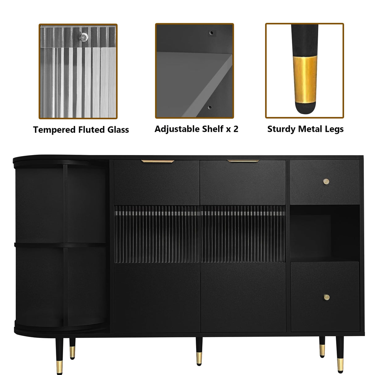 Amposei Modern Dining Buffet 51-Inch Glass Door Sideboard Cabinet Wooden Credenza Console Storage Cabinet with Drawers, Adjustable Shelves & Rotating Open Racks for Living Room Kitchen (Black) Amposei