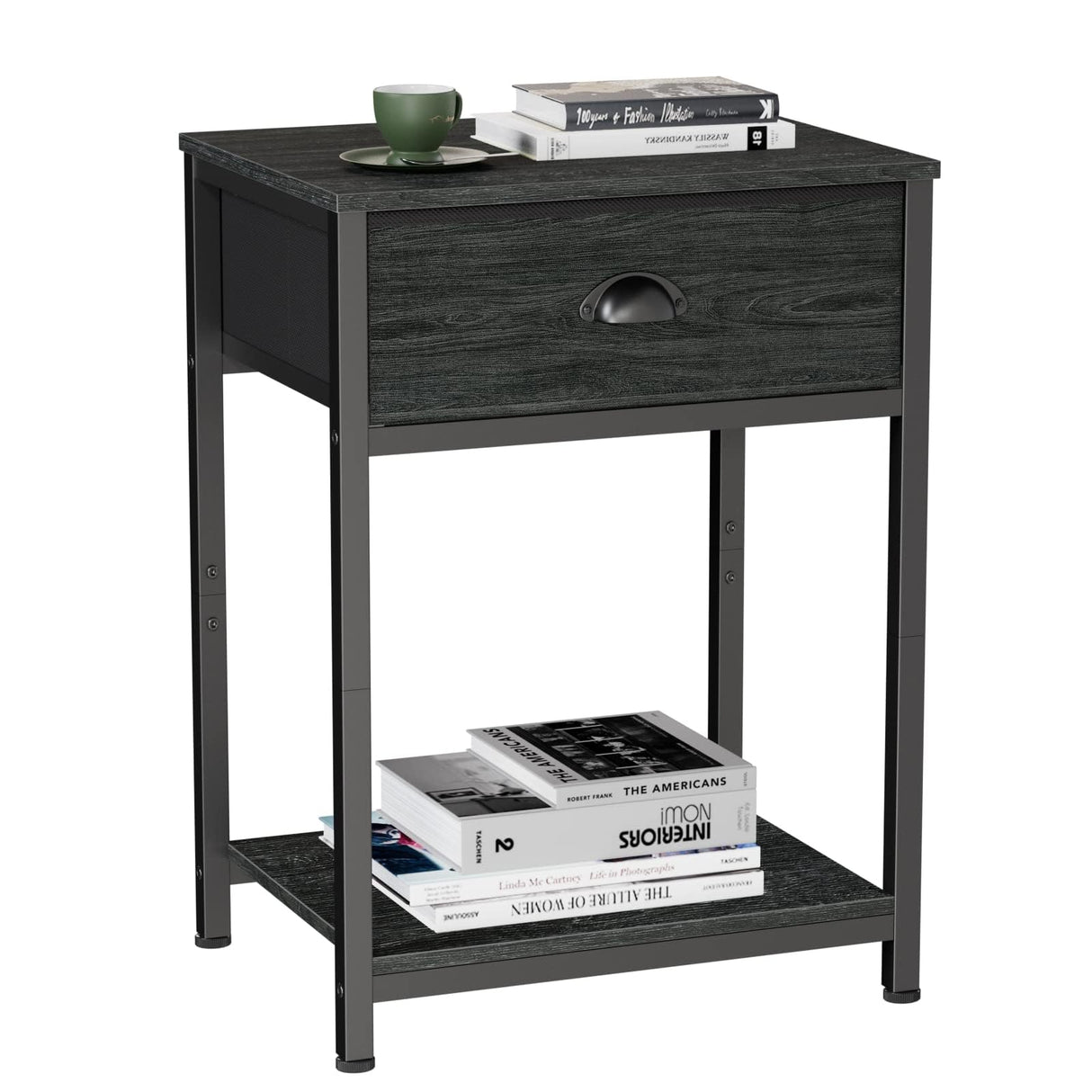 Furologee Nightstand with Fabric Drawer & Storage Shelf, Small Bedside Table Organizer for Small Space, 2 Tiers Industrial End Table, Side Table for Living Room, Bedroom, Black Oak Furologee